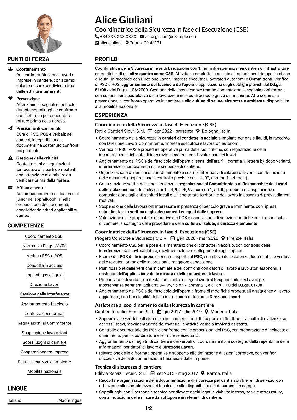 Esempio di curriculum — pagina 1