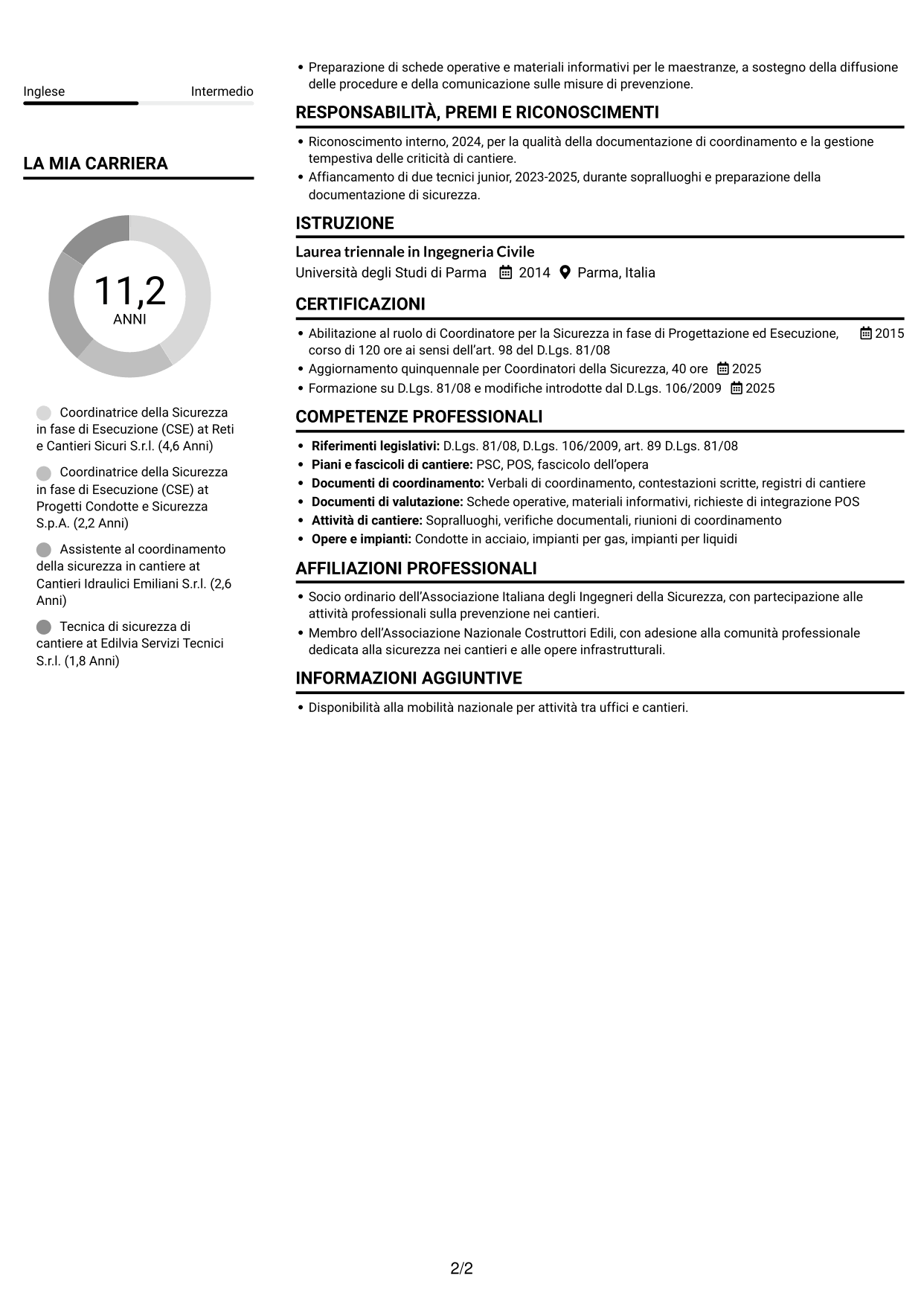 CV Compatto (formato sobrio a due colonne con foto): Coordinatore della Sicurezza in fase di Esecuzione - Cantieri di condotte e impianti, pagina 2