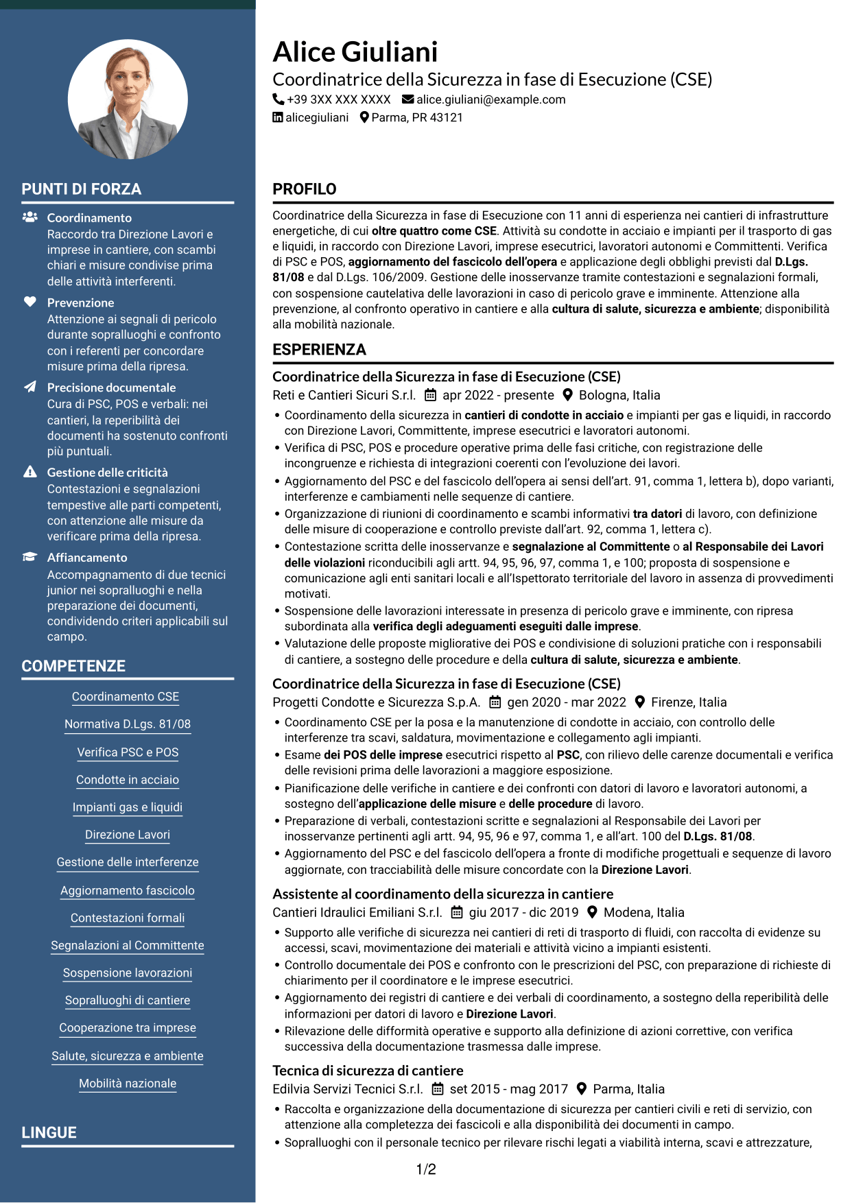 CV Elegante (formato con colonna laterale colorata e foto): Coordinatore della Sicurezza in fase di Esecuzione - Cantieri di condotte e impianti, pagina 1