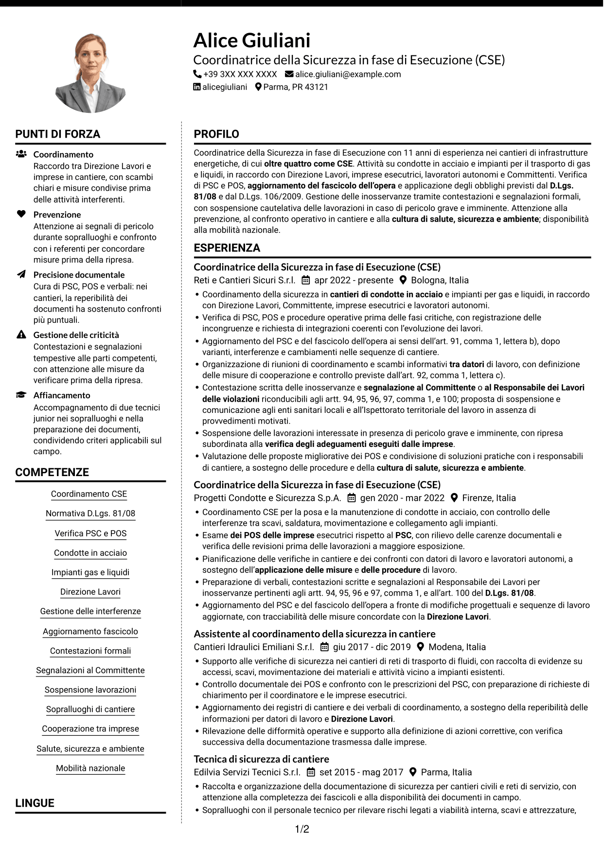 CV Moderno (formato a due colonne con foto a sinistra e separatore): Coordinatore della Sicurezza in fase di Esecuzione - Cantieri di condotte e impianti, pagina 1