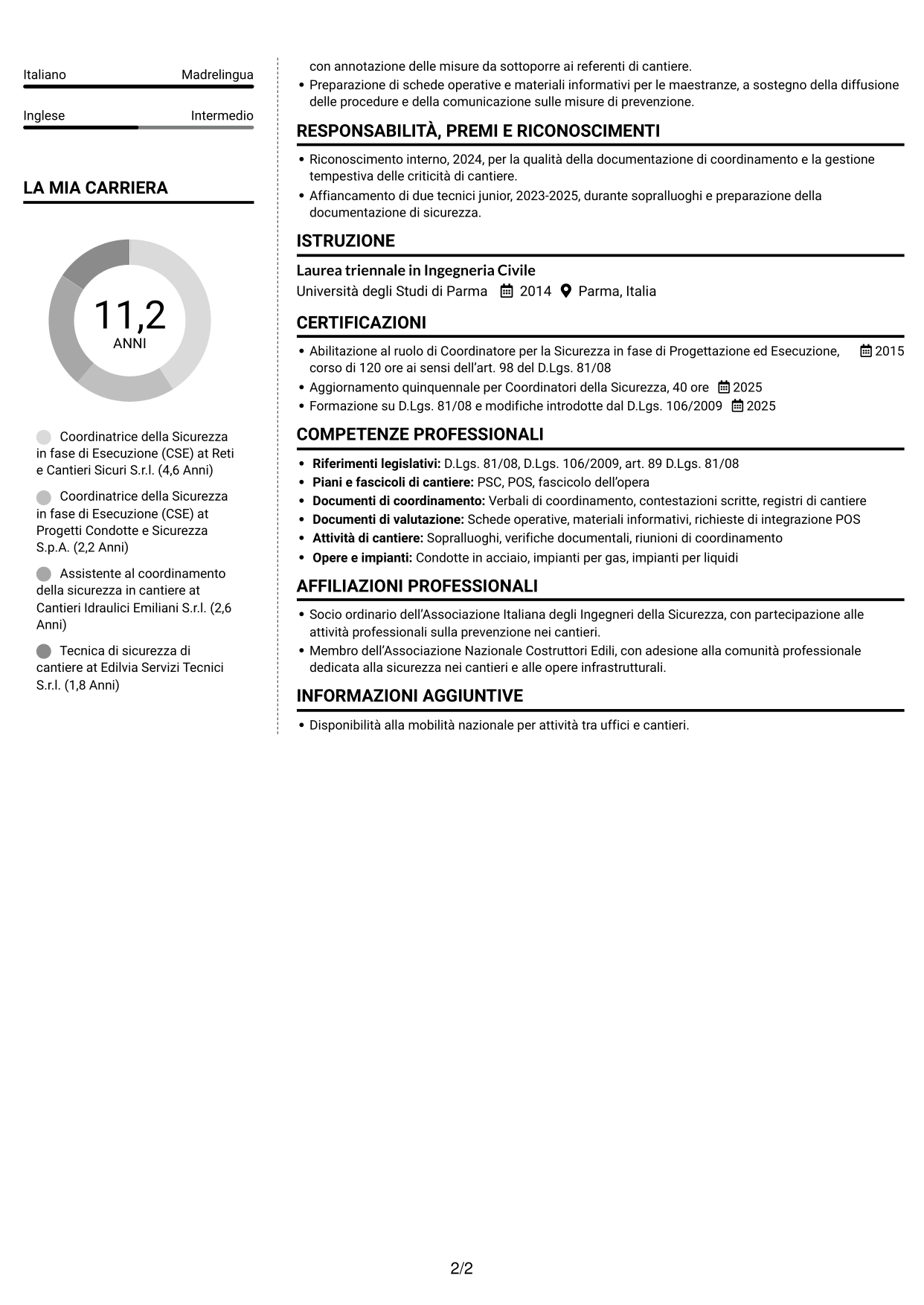 CV Moderno (formato a due colonne con foto a sinistra e separatore): Coordinatore della Sicurezza in fase di Esecuzione - Cantieri di condotte e impianti, pagina 2