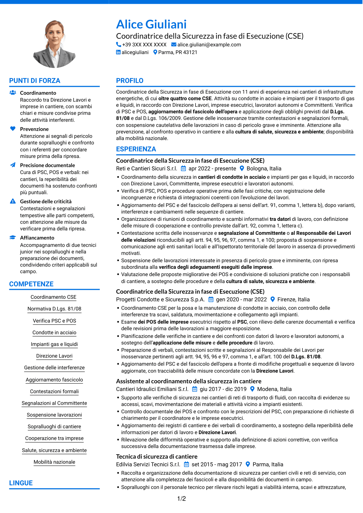 CV Audace (formato a due colonne con accenti colorati e foto): Coordinatore della Sicurezza in fase di Esecuzione - Cantieri di condotte e impianti, pagina 1