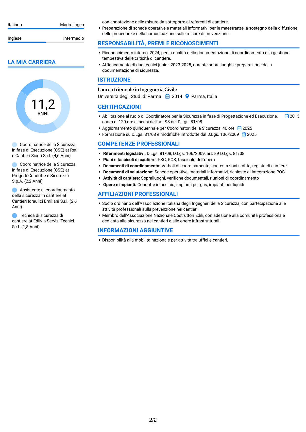 CV Audace (formato a due colonne con accenti colorati e foto): Coordinatore della Sicurezza in fase di Esecuzione - Cantieri di condotte e impianti, pagina 2