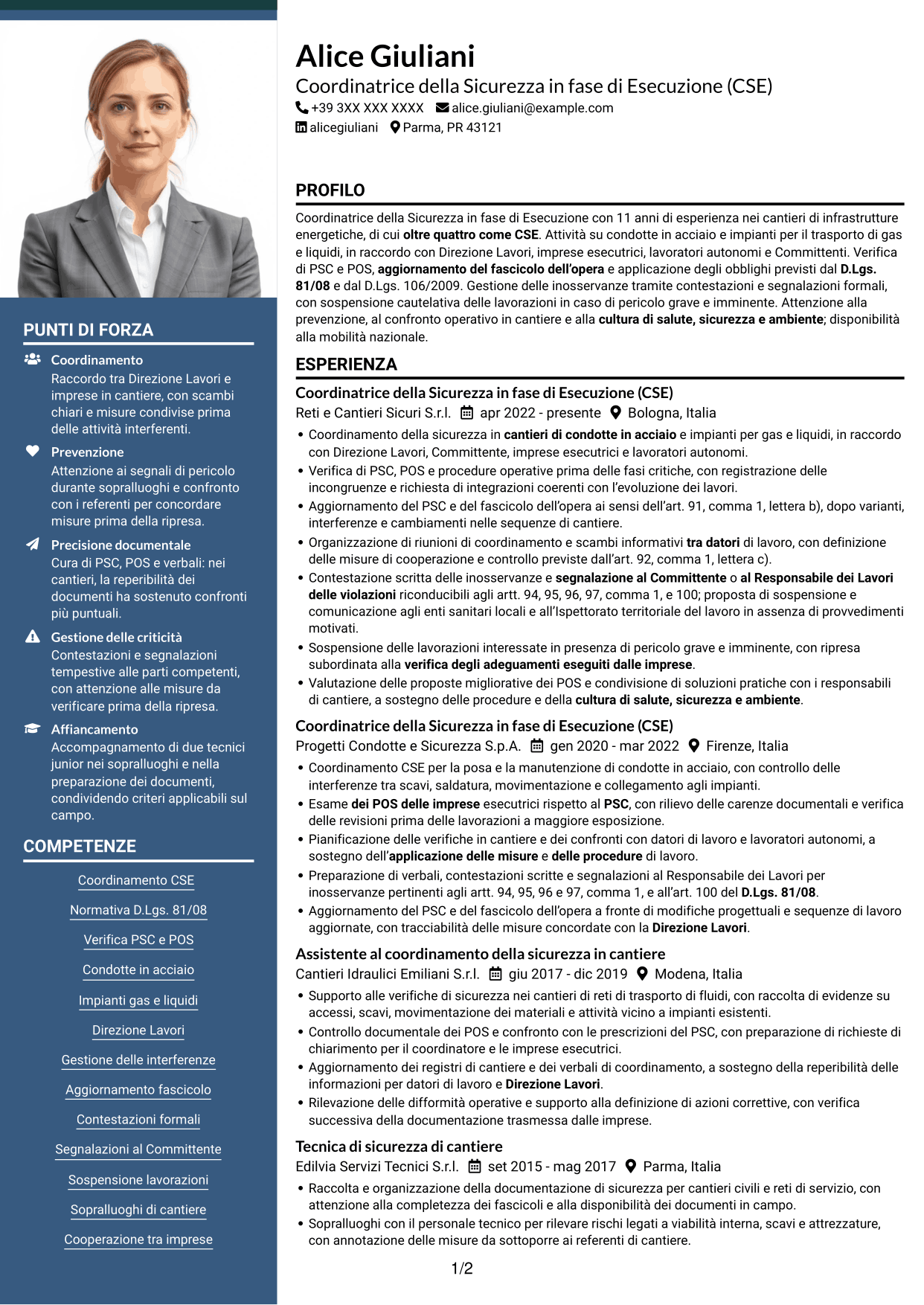 CV Signature (formato con colonna laterale colorata e foto grande): Coordinatore della Sicurezza in fase di Esecuzione - Cantieri di condotte e impianti, pagina 1