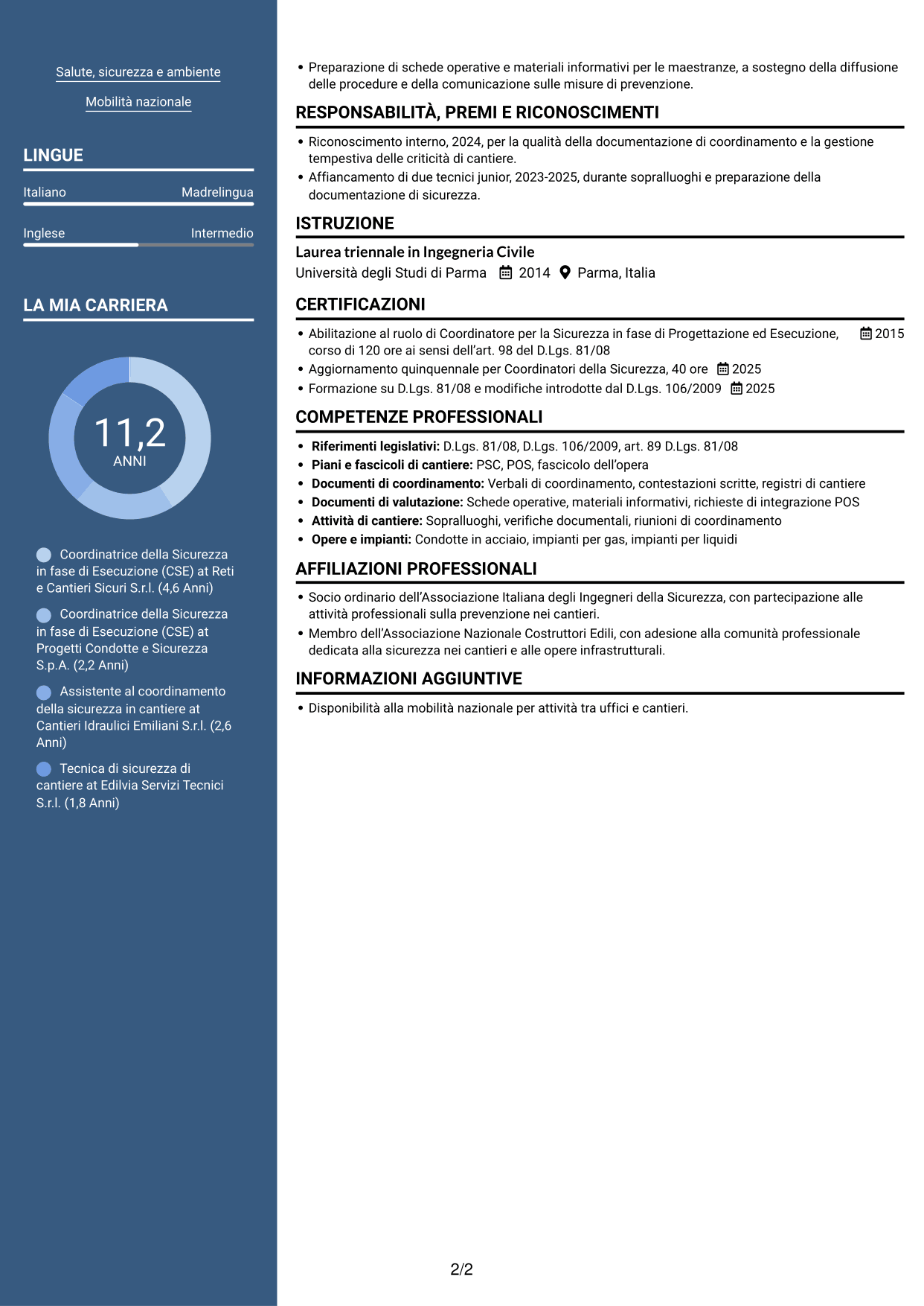 CV Signature (formato con colonna laterale colorata e foto grande): Coordinatore della Sicurezza in fase di Esecuzione - Cantieri di condotte e impianti, pagina 2