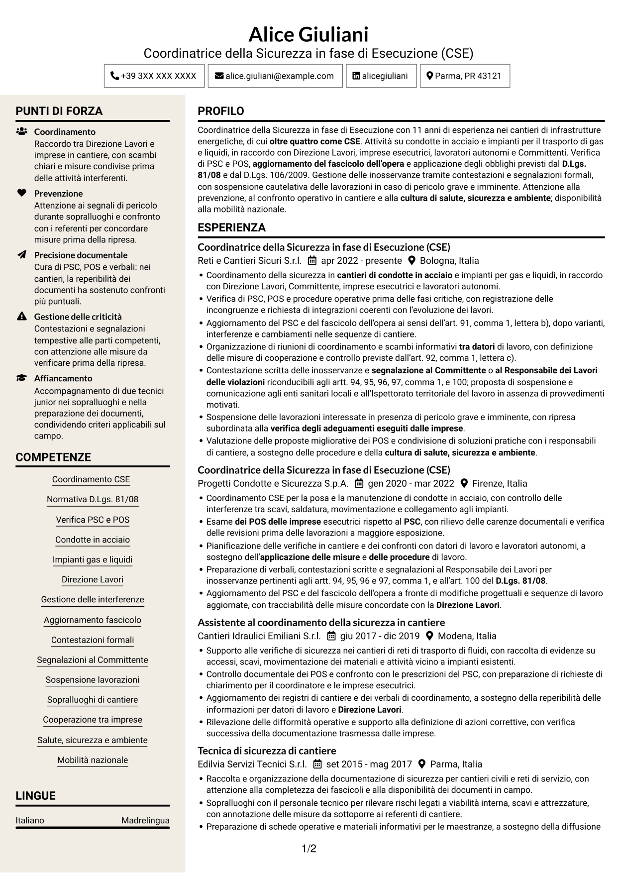 CV Intraprendente (formato a due colonne con intestazione centrata senza foto): Coordinatore della Sicurezza in fase di Esecuzione - Cantieri di condotte e impianti, pagina 1