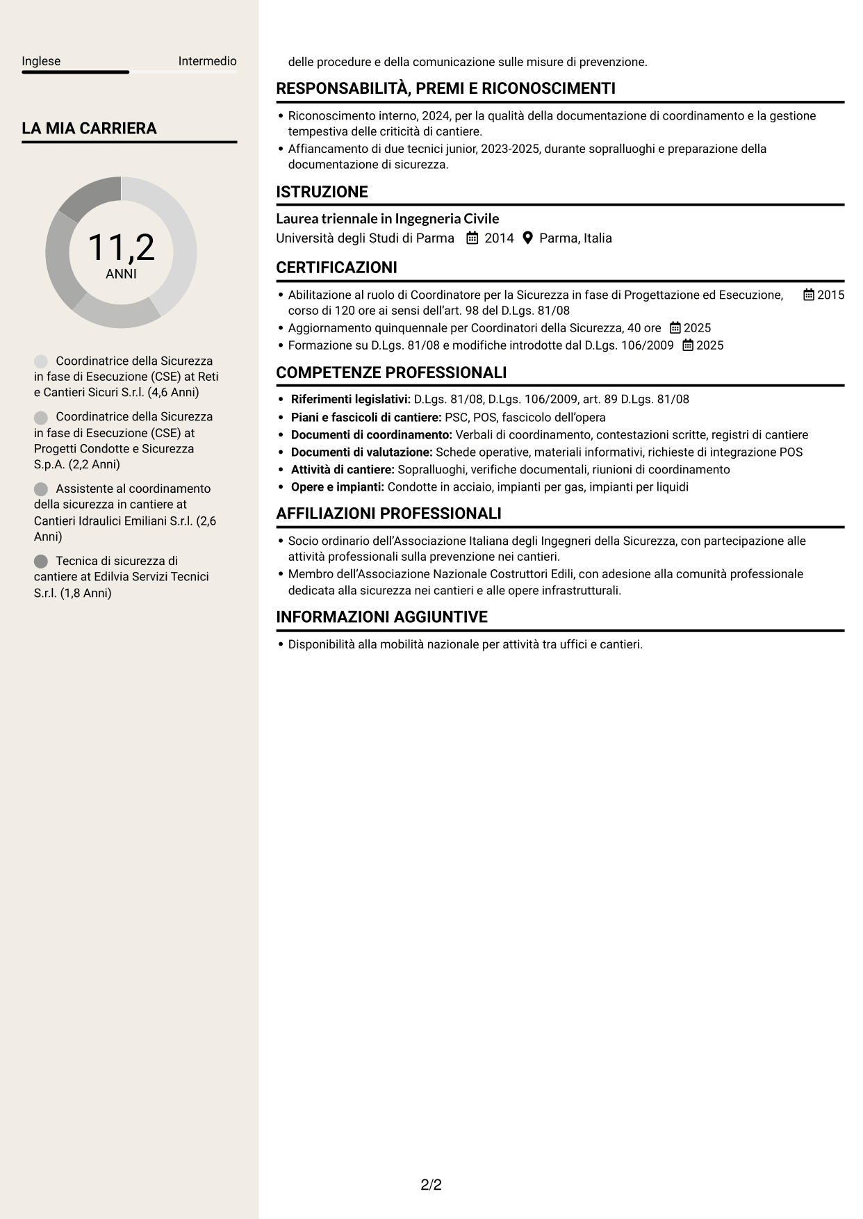 CV Intraprendente (formato a due colonne con intestazione centrata senza foto): Coordinatore della Sicurezza in fase di Esecuzione - Cantieri di condotte e impianti, pagina 2