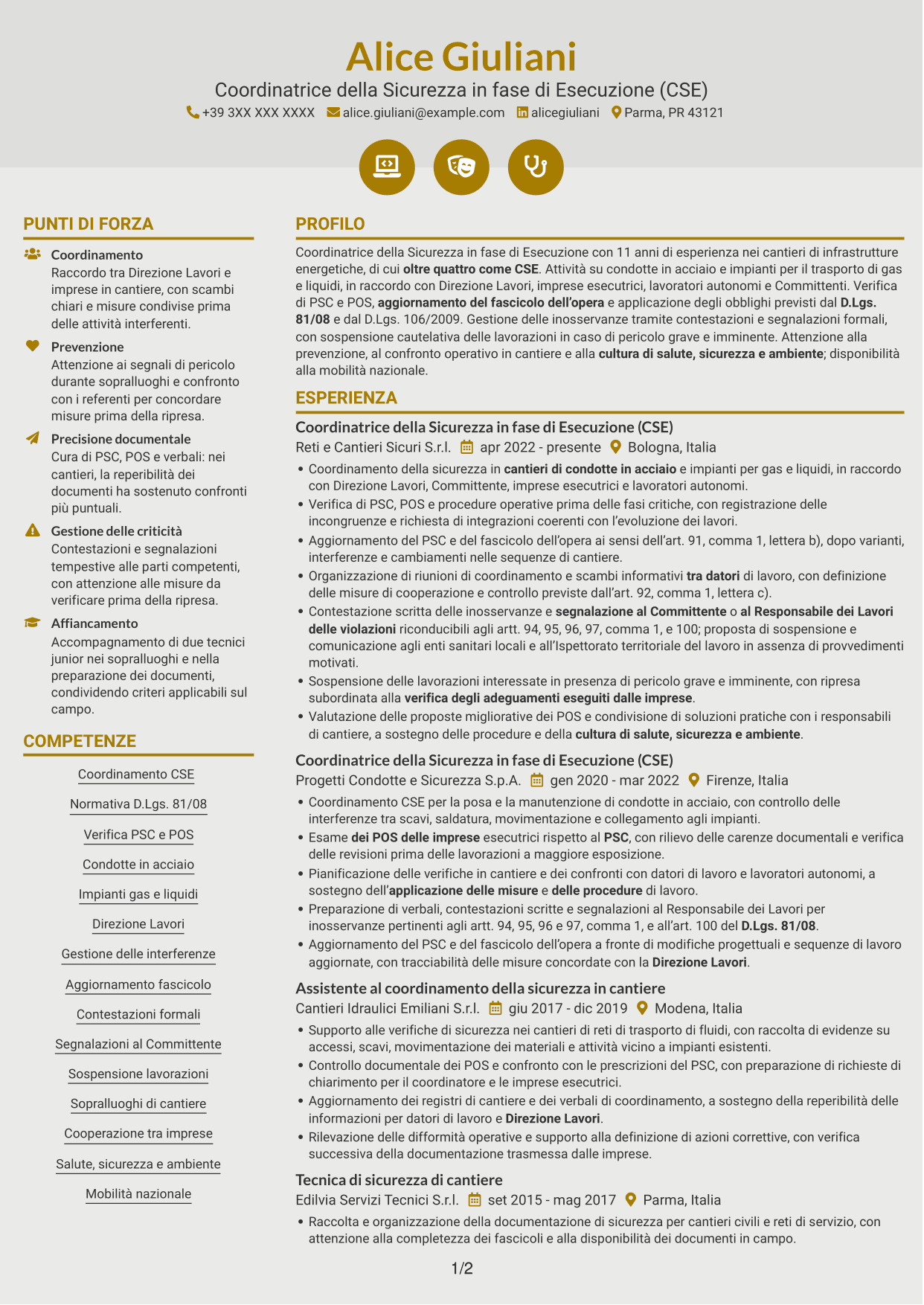 CV Dinamico (formato a due colonne con icone): Coordinatore della Sicurezza in fase di Esecuzione - Cantieri di condotte e impianti, pagina 1