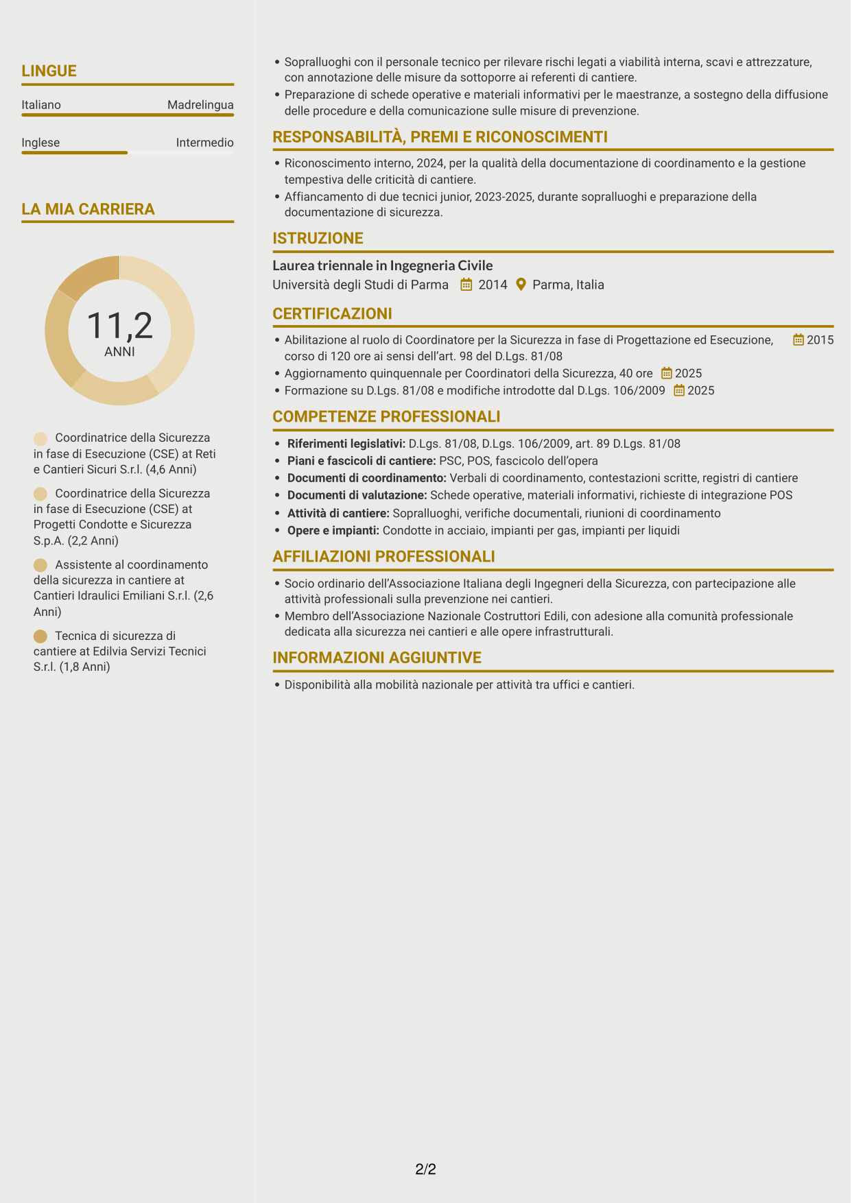CV Dinamico (formato a due colonne con icone): Coordinatore della Sicurezza in fase di Esecuzione - Cantieri di condotte e impianti, pagina 2