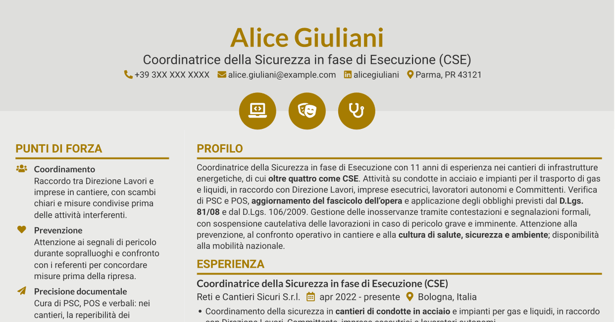 7 modelli di CV per Coordinatore della Sicurezza in fase di Esecuzione - Cantieri di condotte e impianti, con esempi