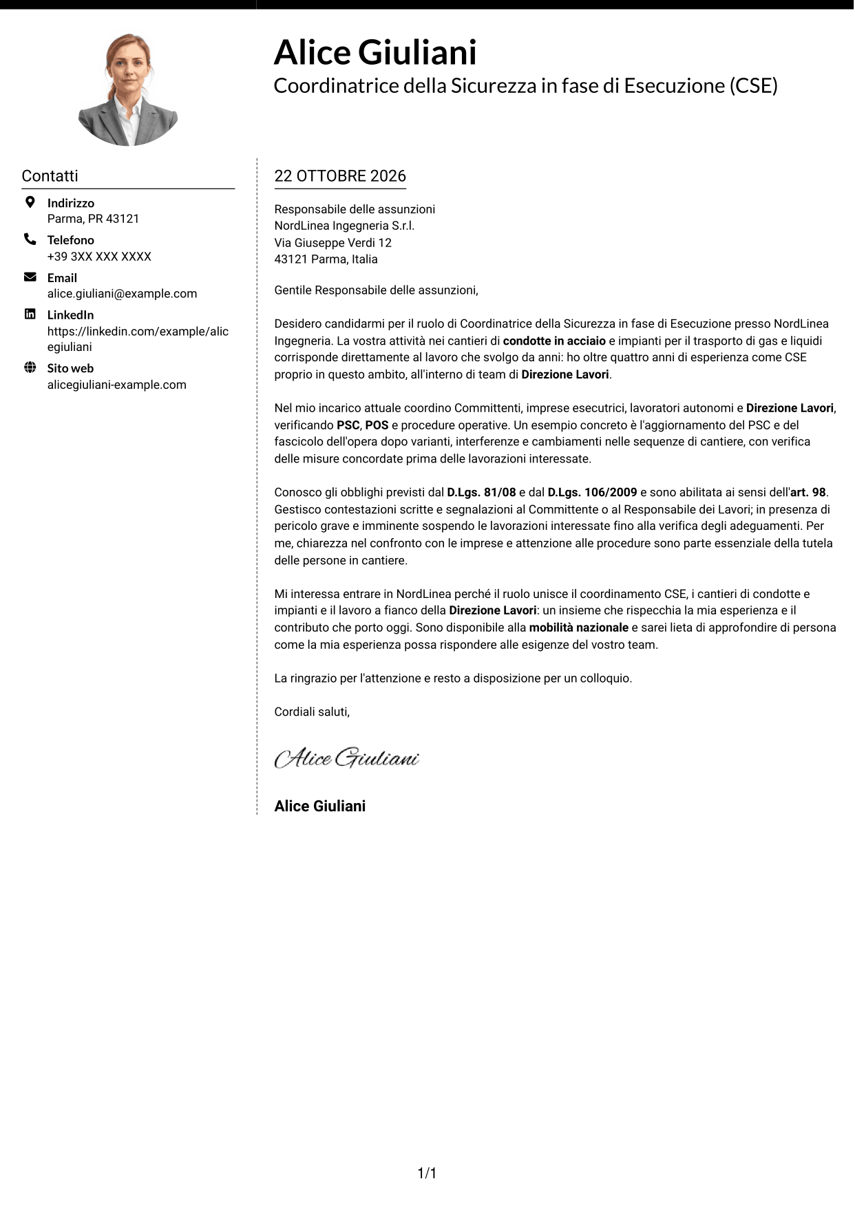 Lettera di presentazione Moderno (formato a due colonne con foto a sinistra e separatore): Coordinatore della Sicurezza in fase di Esecuzione - Cantieri di condotte e impianti, pagina 1