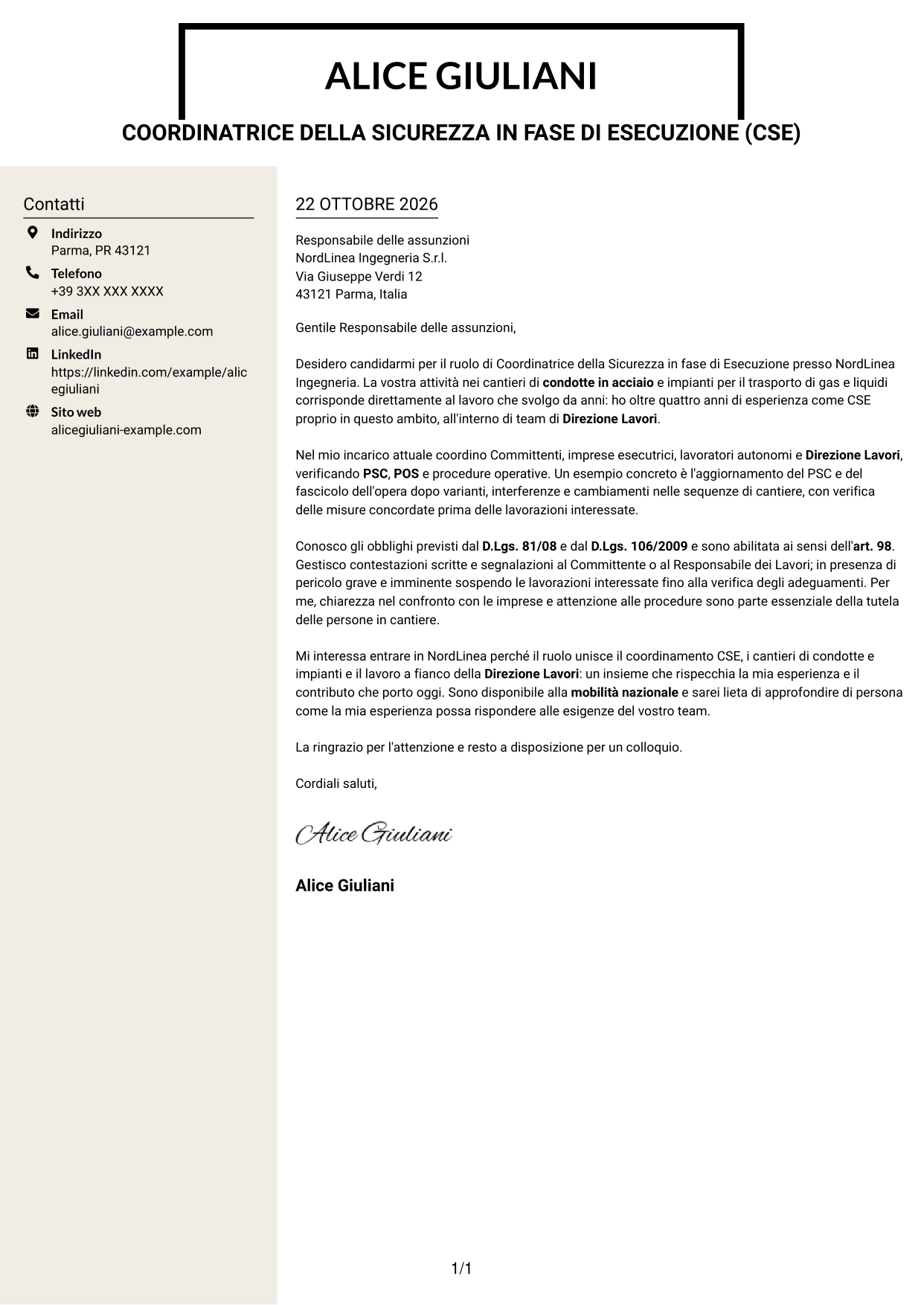 Lettera di presentazione Intraprendente (formato a due colonne con intestazione centrata senza foto): Coordinatore della Sicurezza in fase di Esecuzione - Cantieri di condotte e impianti, pagina 1
