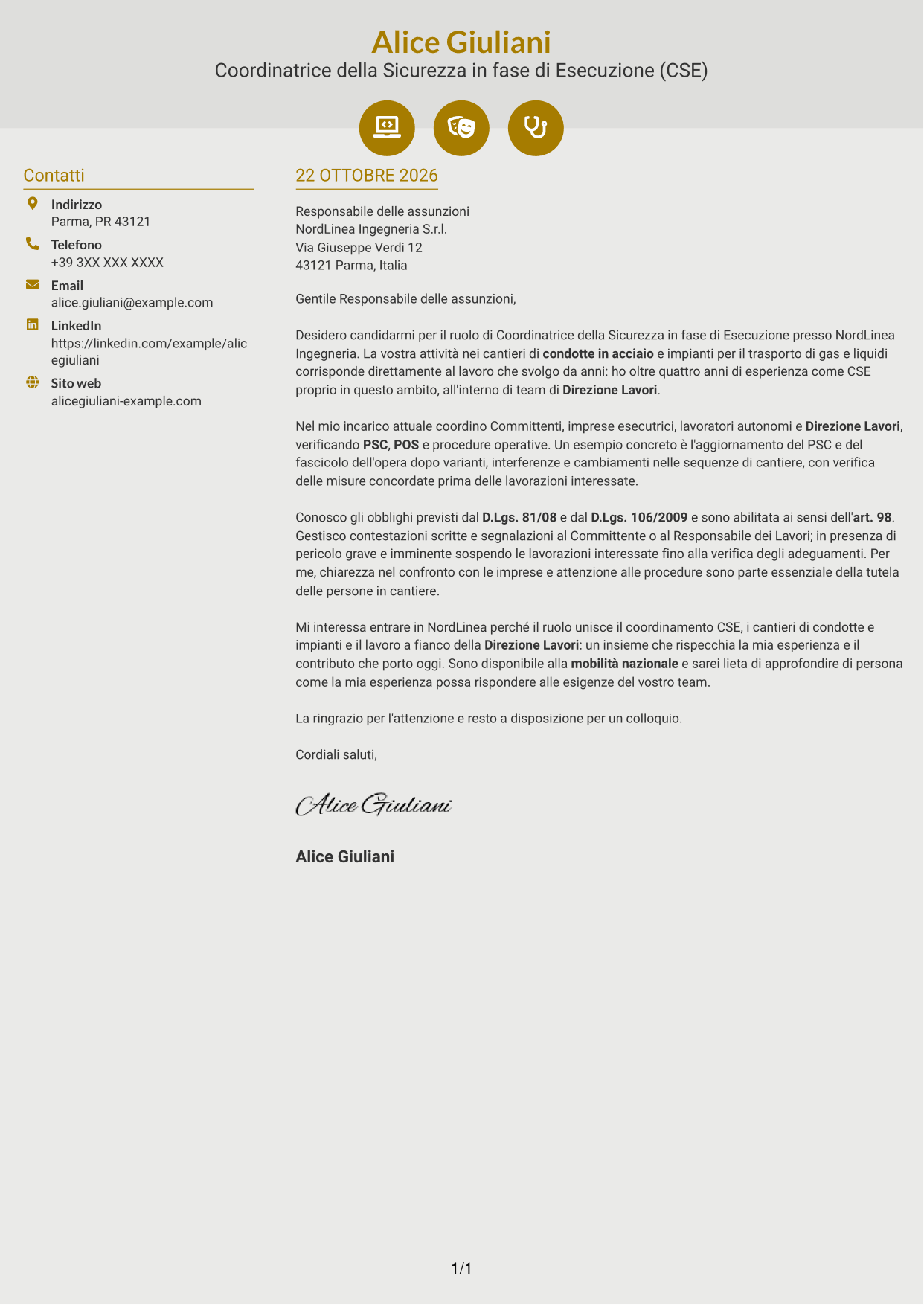 Lettera di presentazione Dinamico (formato a due colonne con icone): Coordinatore della Sicurezza in fase di Esecuzione - Cantieri di condotte e impianti, pagina 1