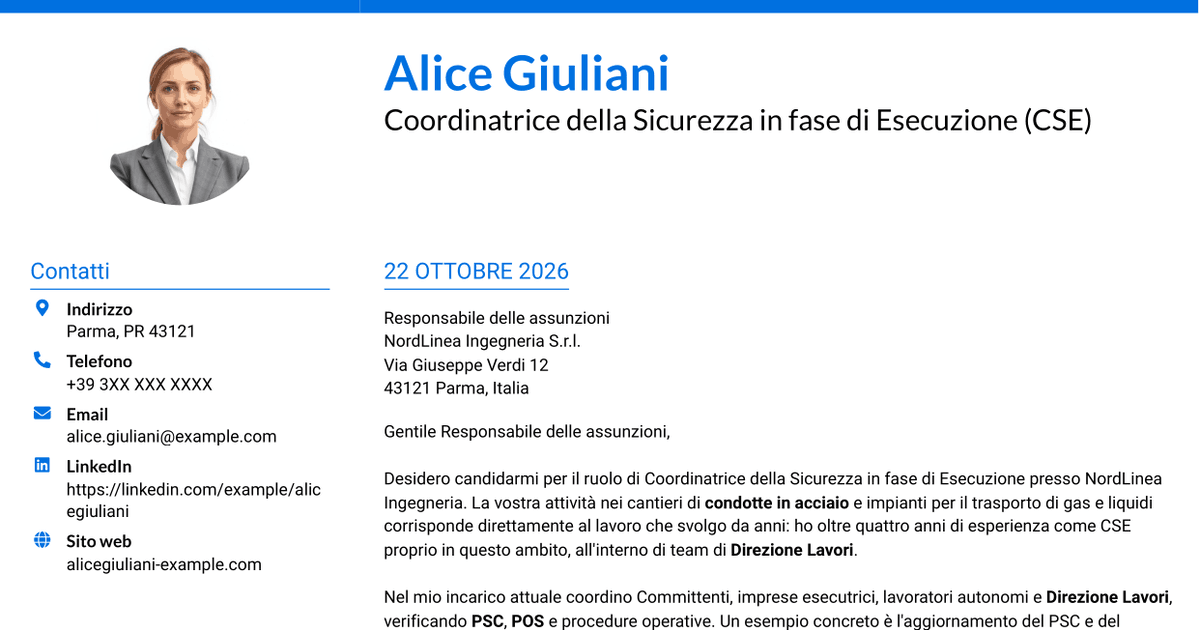 7 modelli di lettera di presentazione per Coordinatore della Sicurezza in fase di Esecuzione - Cantieri di condotte e impianti, con esempi