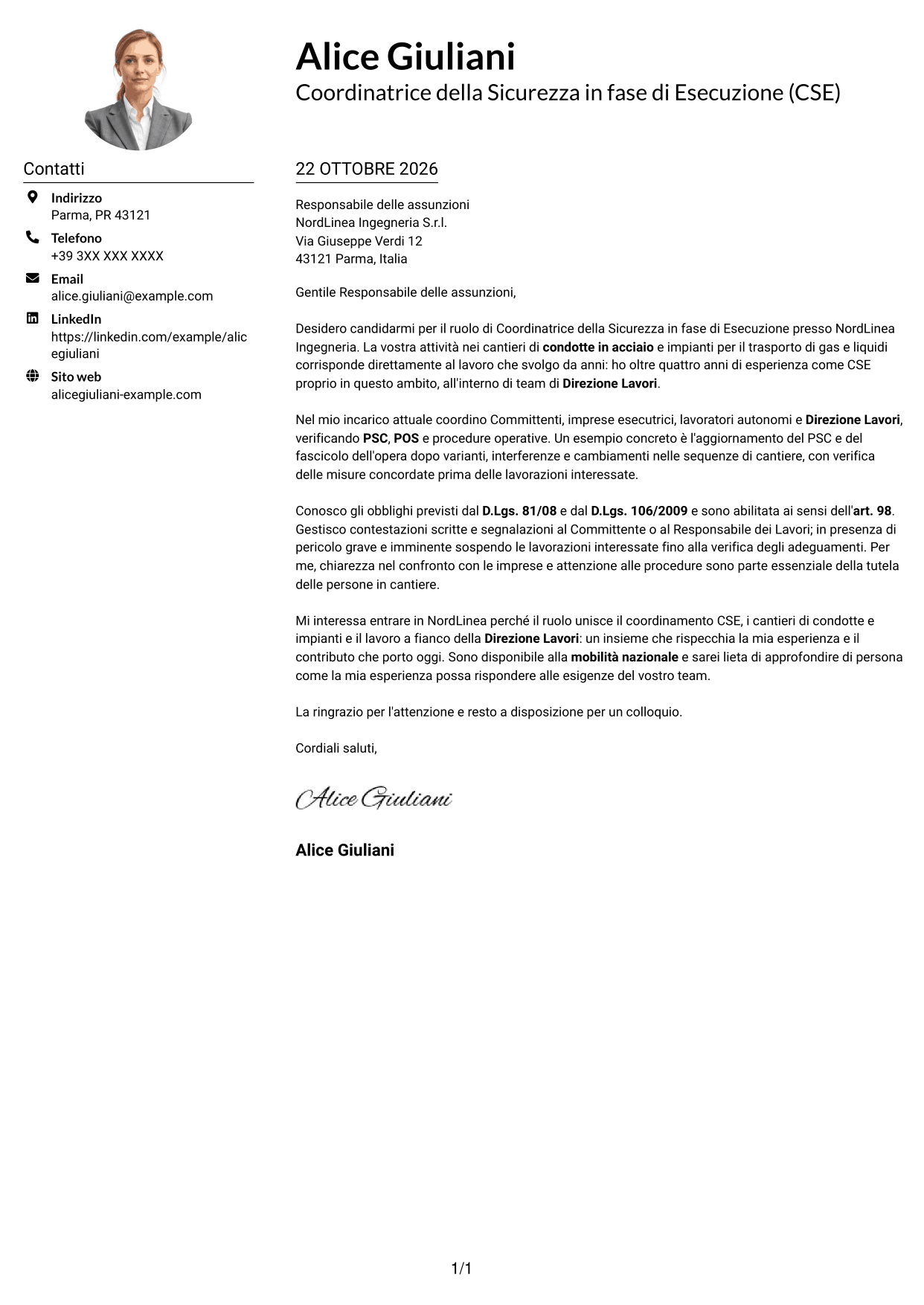 Esempio di lettera di presentazione — pagina 1
