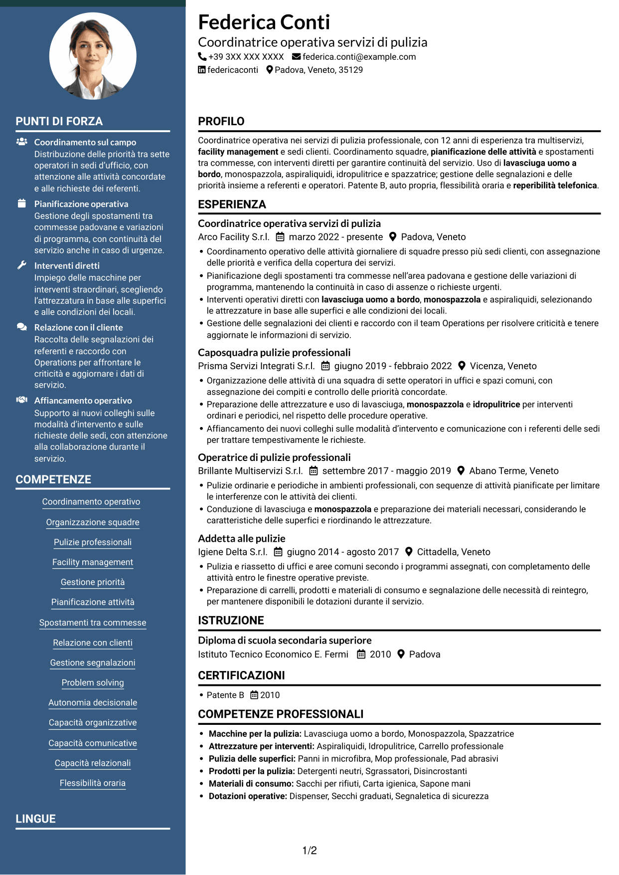 CV Elegante (formato con colonna laterale colorata e foto): Coordinatore Operativo - Pulizie professionali, pagina 1