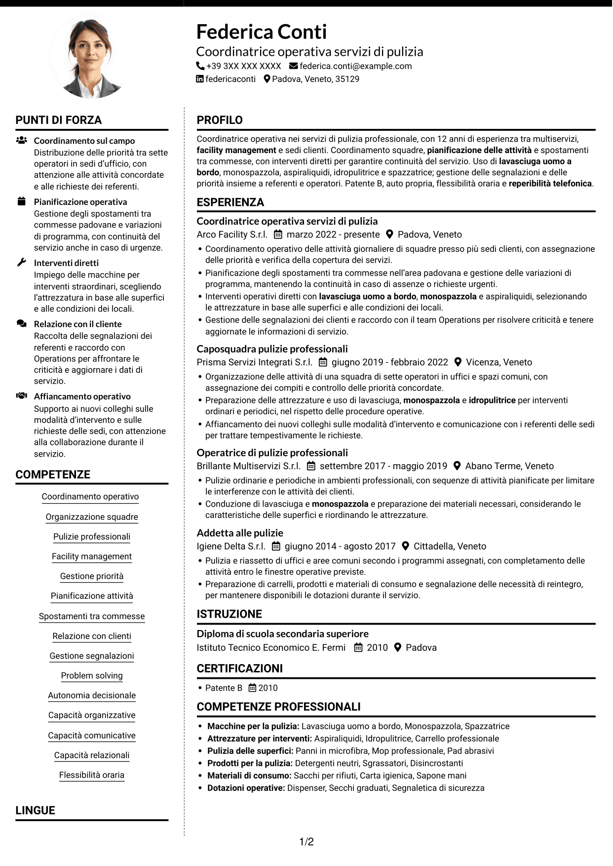 CV Moderno (formato a due colonne con foto a sinistra e separatore): Coordinatore Operativo - Pulizie professionali, pagina 1