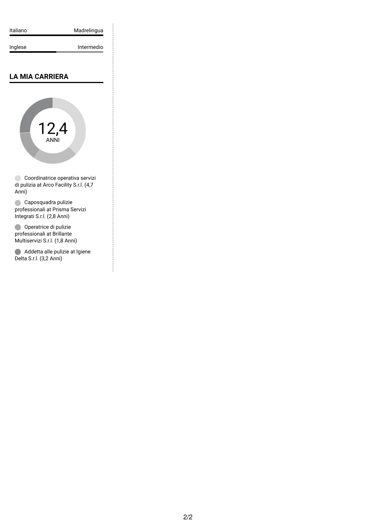 CV Moderno (formato a due colonne con foto a sinistra e separatore): Coordinatore Operativo - Pulizie professionali, pagina 2
