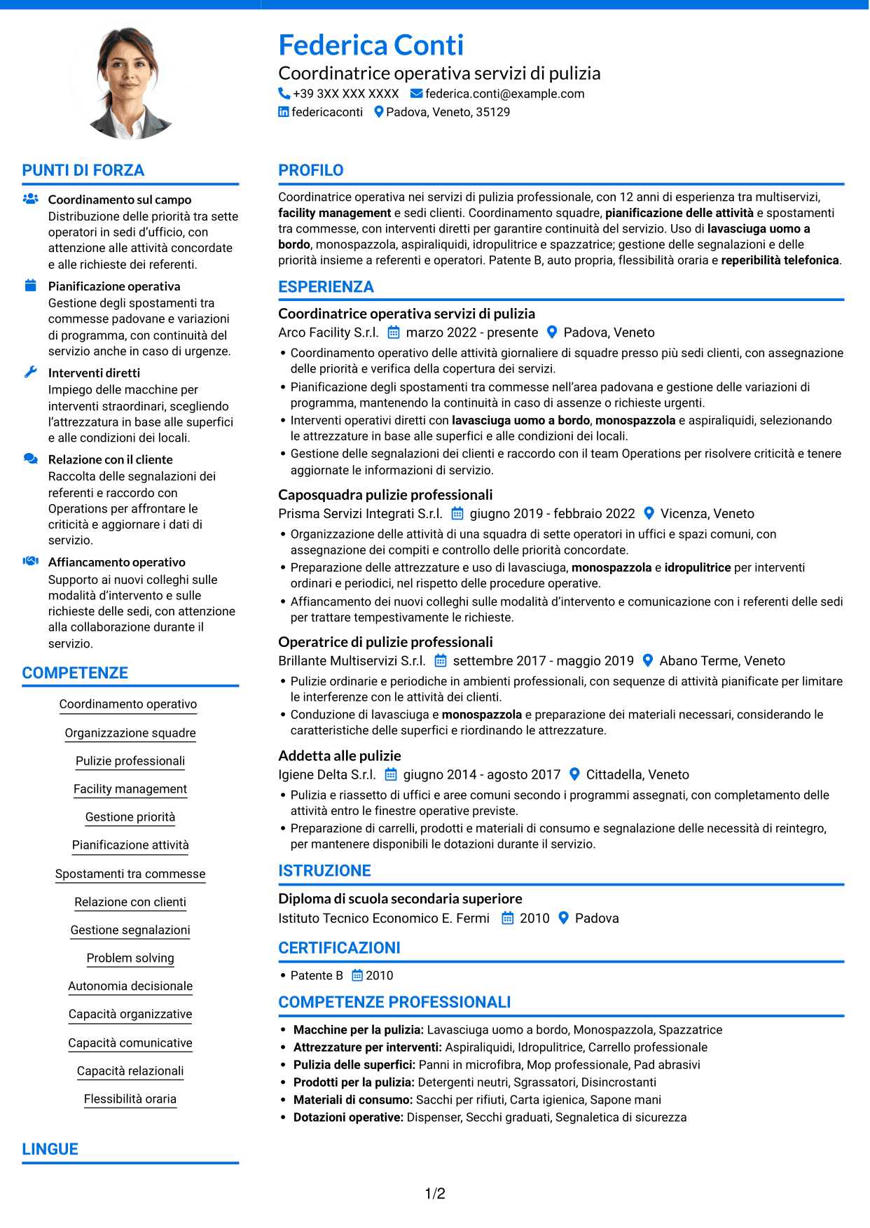 CV Audace (formato a due colonne con accenti colorati e foto): Coordinatore Operativo - Pulizie professionali, pagina 1