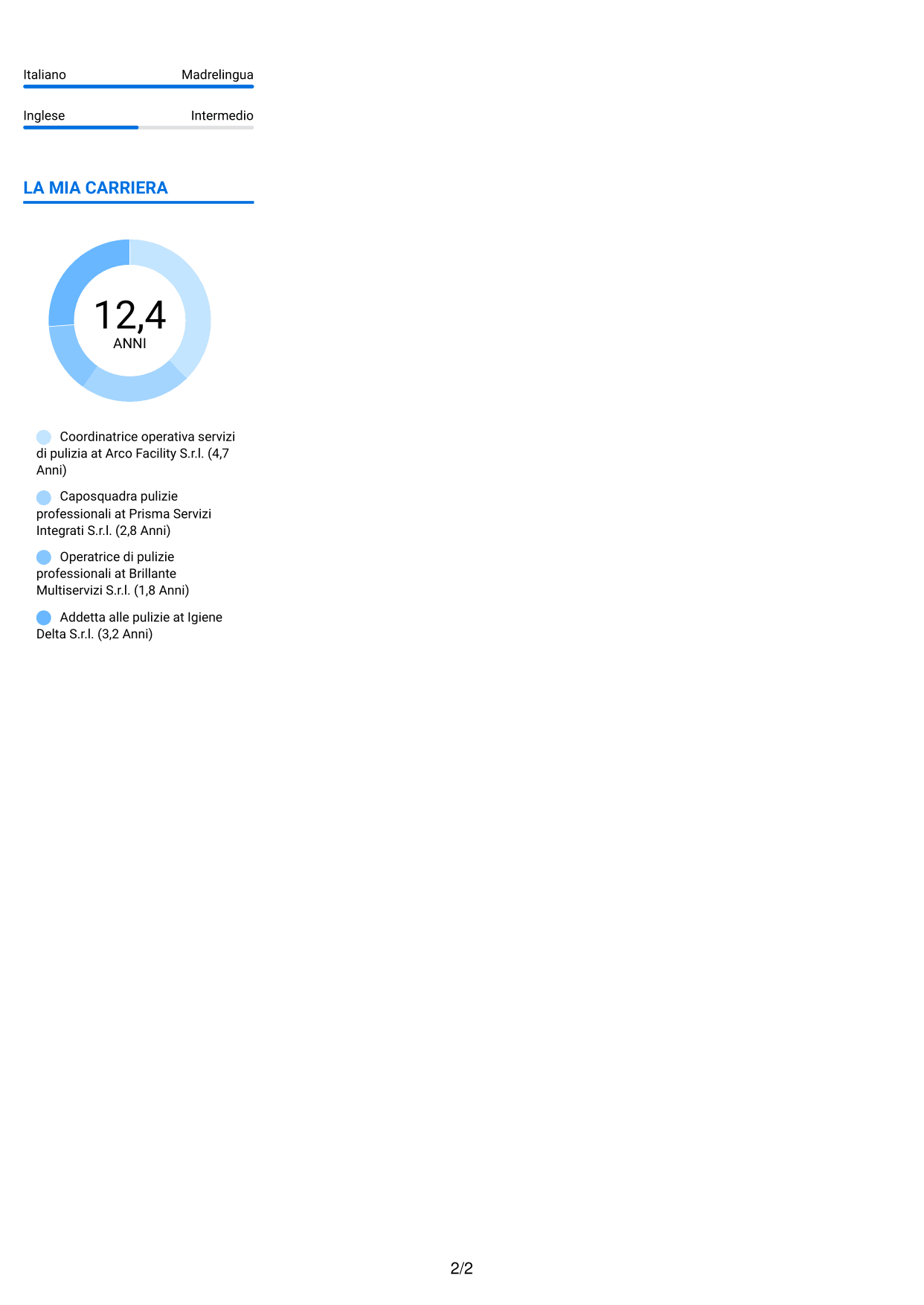 CV Audace (formato a due colonne con accenti colorati e foto): Coordinatore Operativo - Pulizie professionali, pagina 2