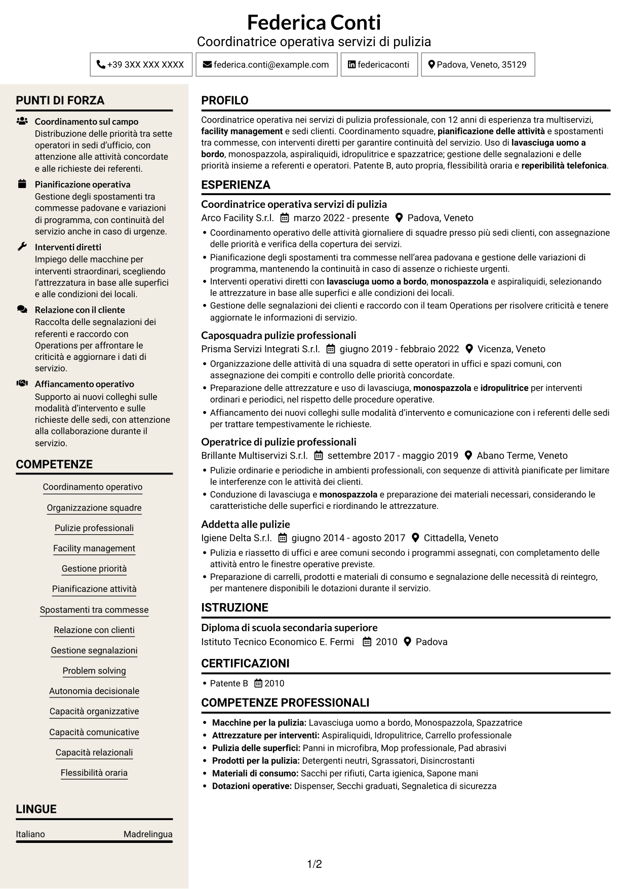 CV Intraprendente (formato a due colonne con intestazione centrata senza foto): Coordinatore Operativo - Pulizie professionali, pagina 1