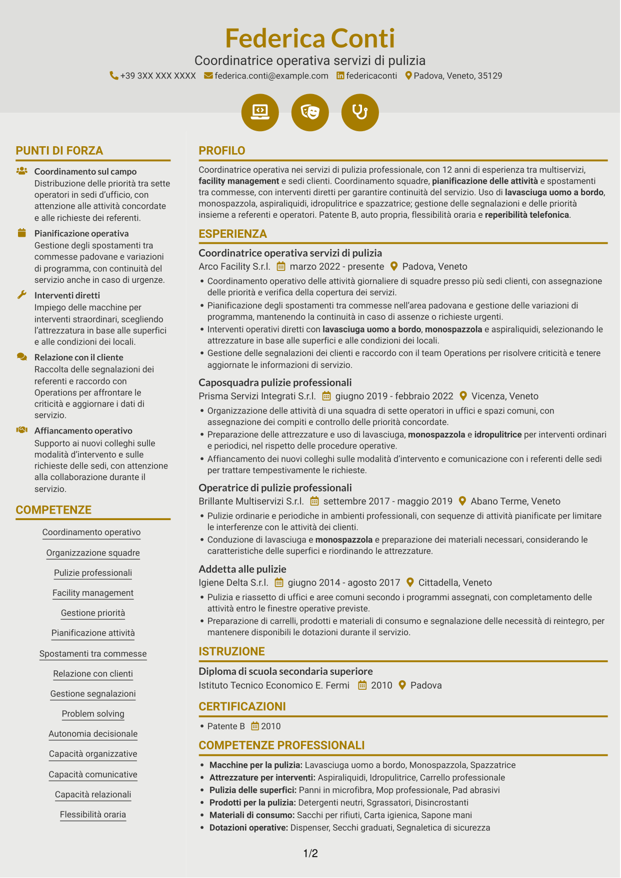 CV Dinamico (formato a due colonne con icone): Coordinatore Operativo - Pulizie professionali, pagina 1