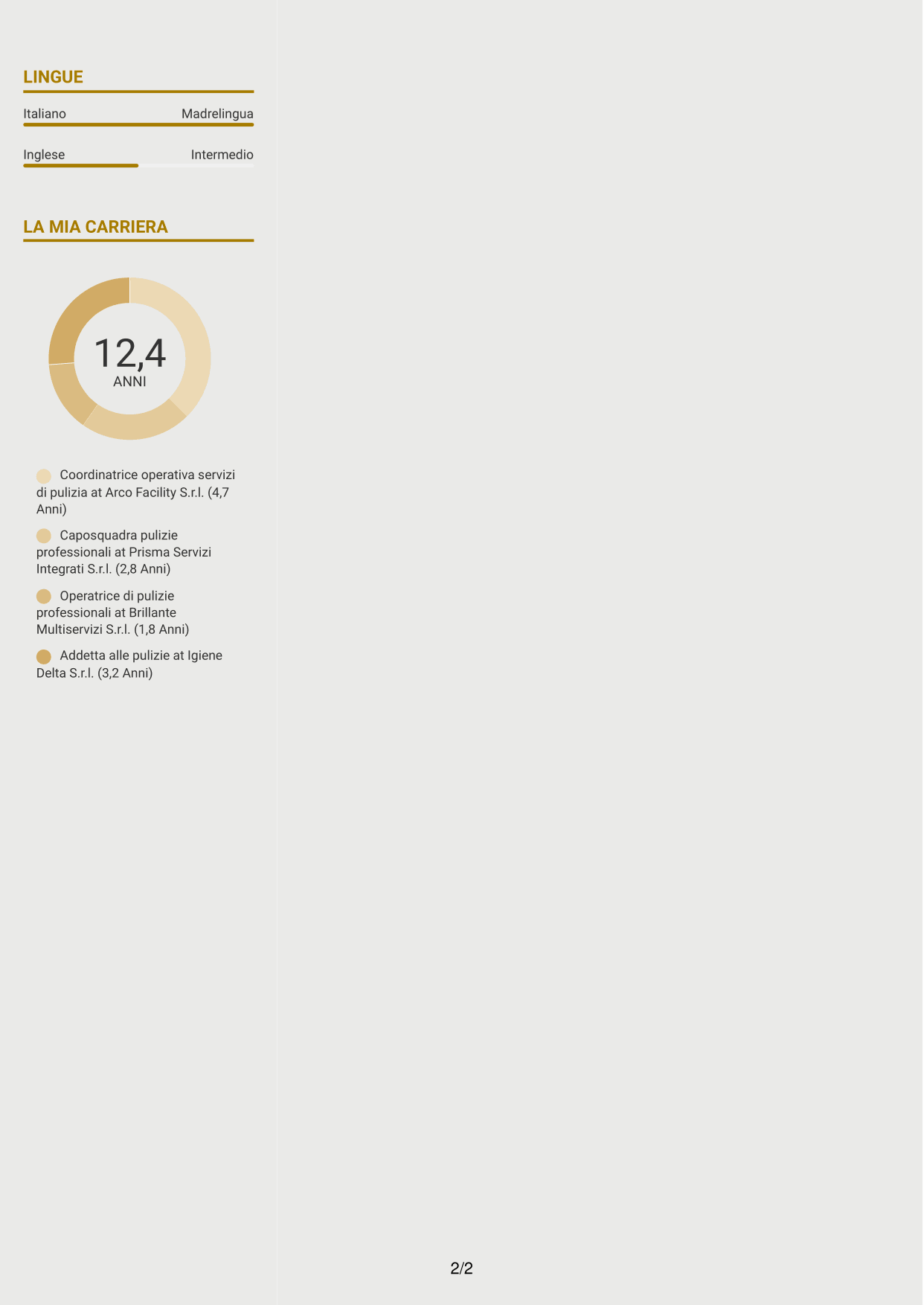 CV Dinamico (formato a due colonne con icone): Coordinatore Operativo - Pulizie professionali, pagina 2