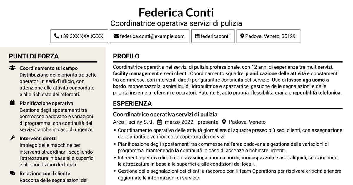 7 modelli di CV per Coordinatore Operativo - Pulizie professionali, con esempi