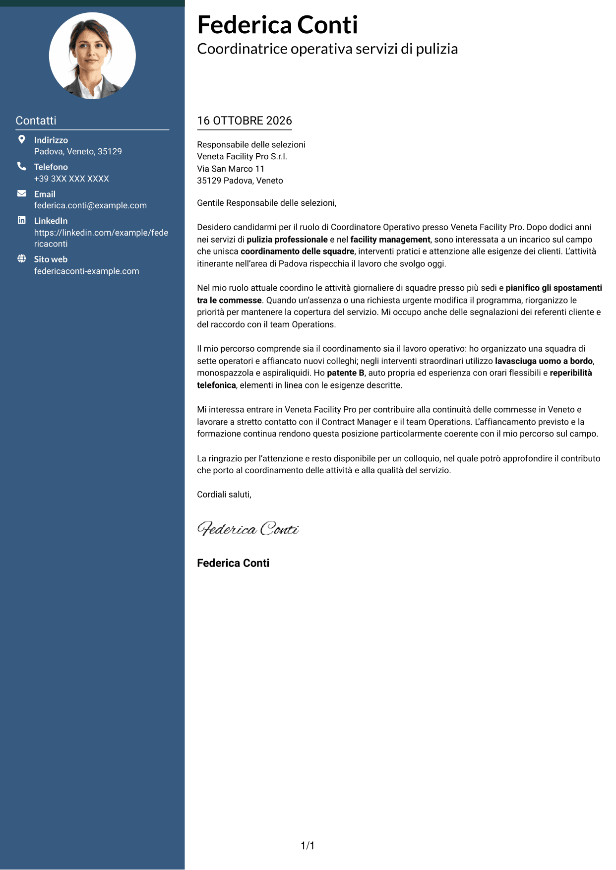 Lettera di presentazione Elegante (formato con colonna laterale colorata e foto): Coordinatore Operativo - Pulizie professionali, pagina 1