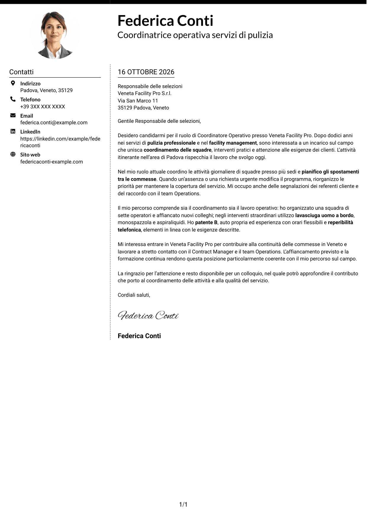 Lettera di presentazione Moderno (formato a due colonne con foto a sinistra e separatore): Coordinatore Operativo - Pulizie professionali, pagina 1