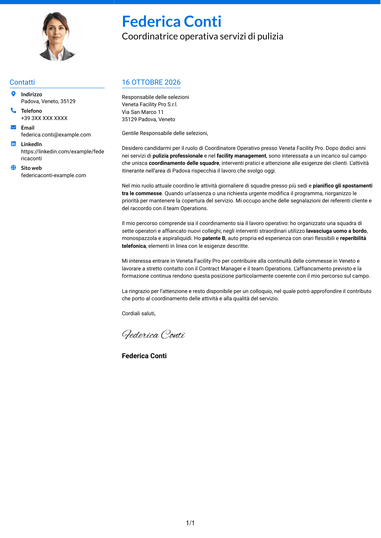 Lettera di presentazione Audace (formato a due colonne con accenti colorati e foto): Coordinatore Operativo - Pulizie professionali, pagina 1