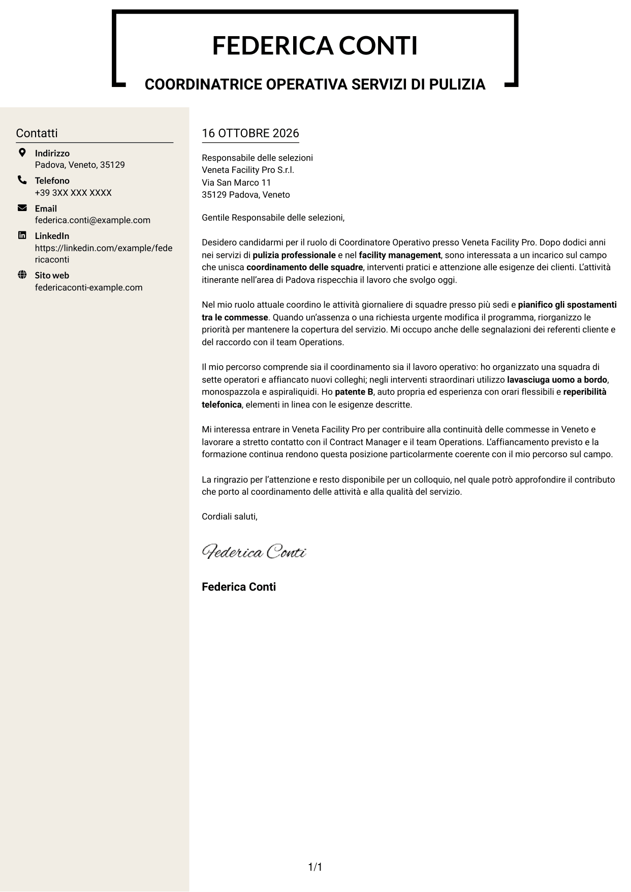 Lettera di presentazione Intraprendente (formato a due colonne con intestazione centrata senza foto): Coordinatore Operativo - Pulizie professionali, pagina 1