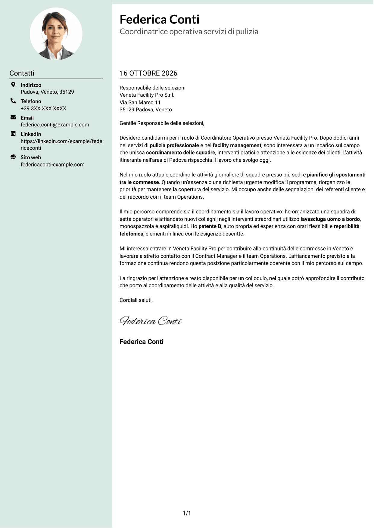Lettera di presentazione Dirigente (formato con colonna laterale tenue e foto arrotondata): Coordinatore Operativo - Pulizie professionali, pagina 1