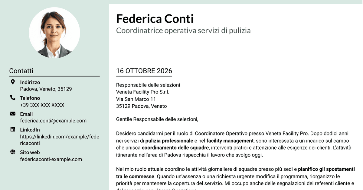 7 modelli di lettera di presentazione per Coordinatore Operativo - Pulizie professionali, con esempi