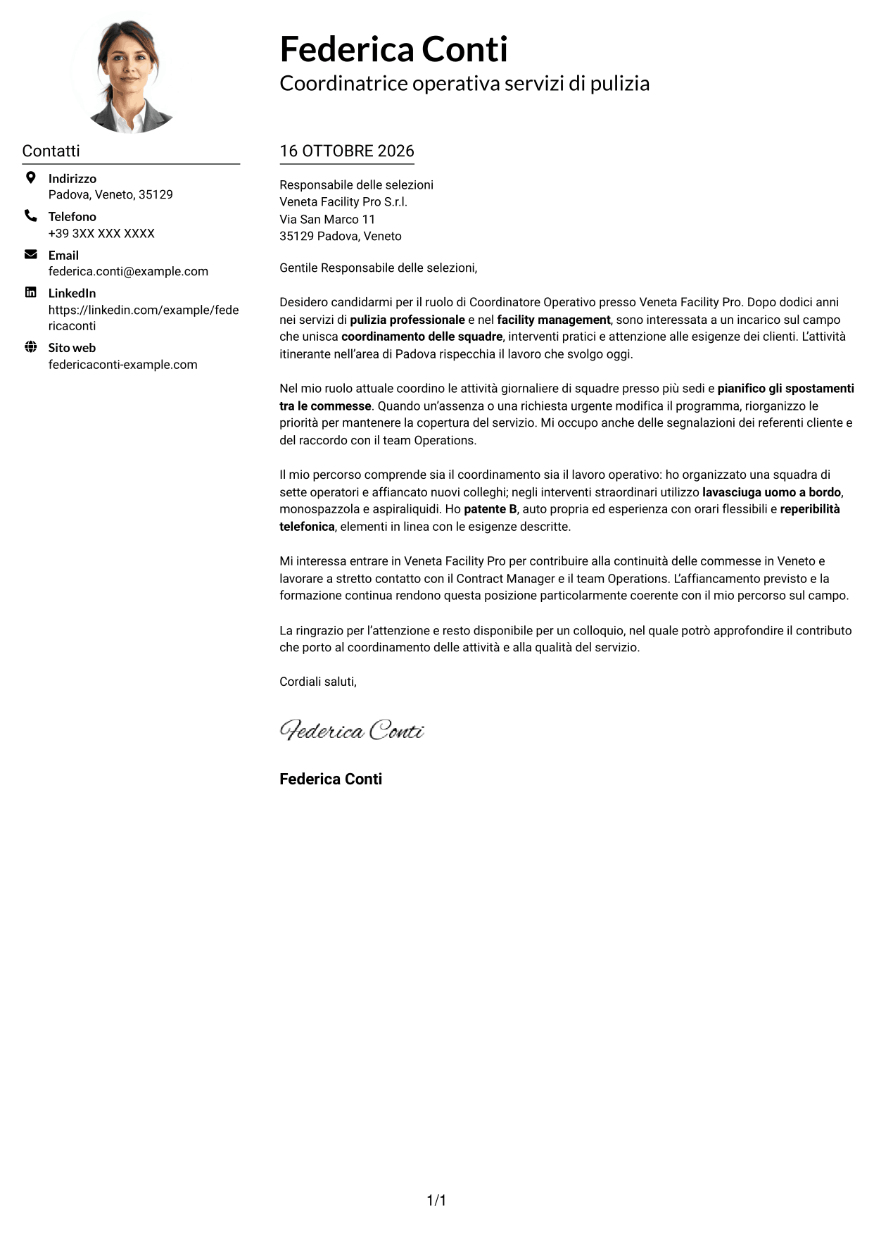 Esempio di lettera di presentazione — pagina 1