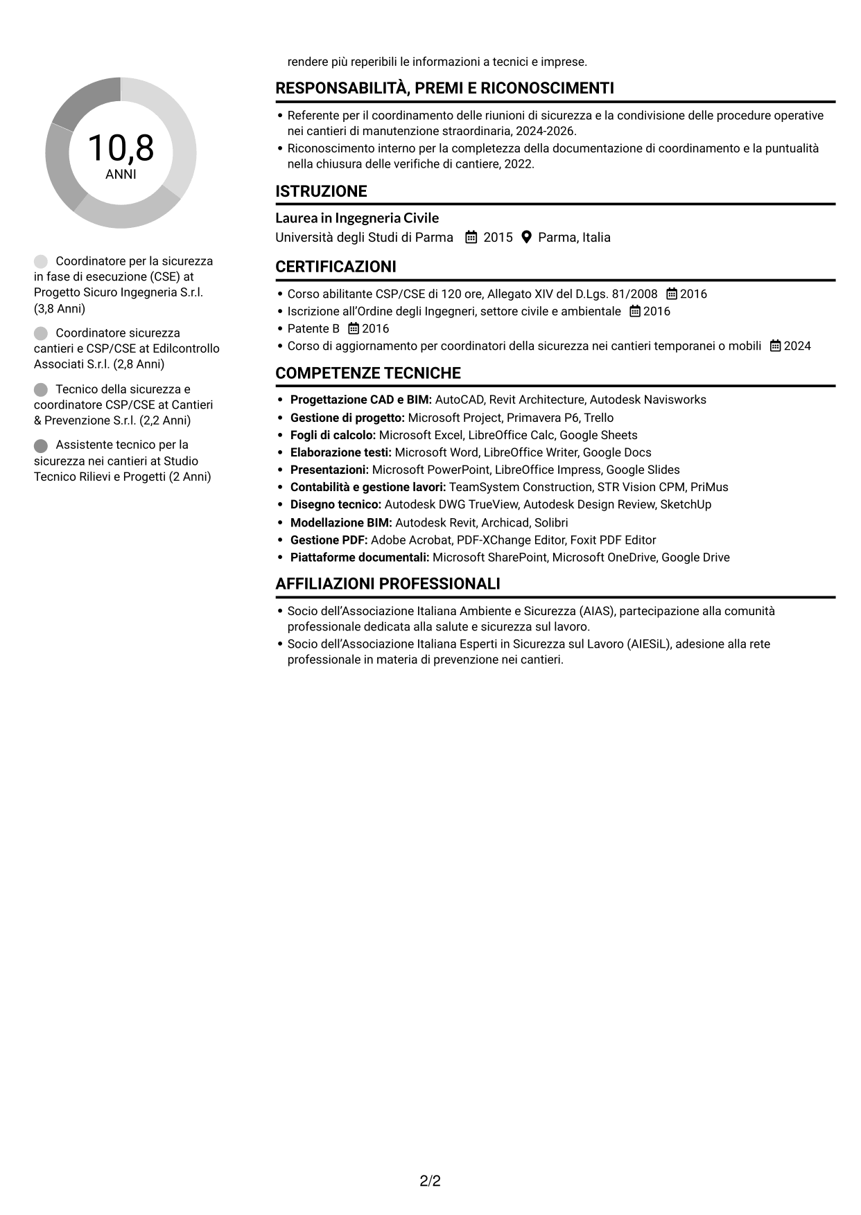 CV Compatto (formato sobrio a due colonne con foto): Coordinatore per la sicurezza in fase di esecuzione (CSE) - Appalti pubblici, pagina 2