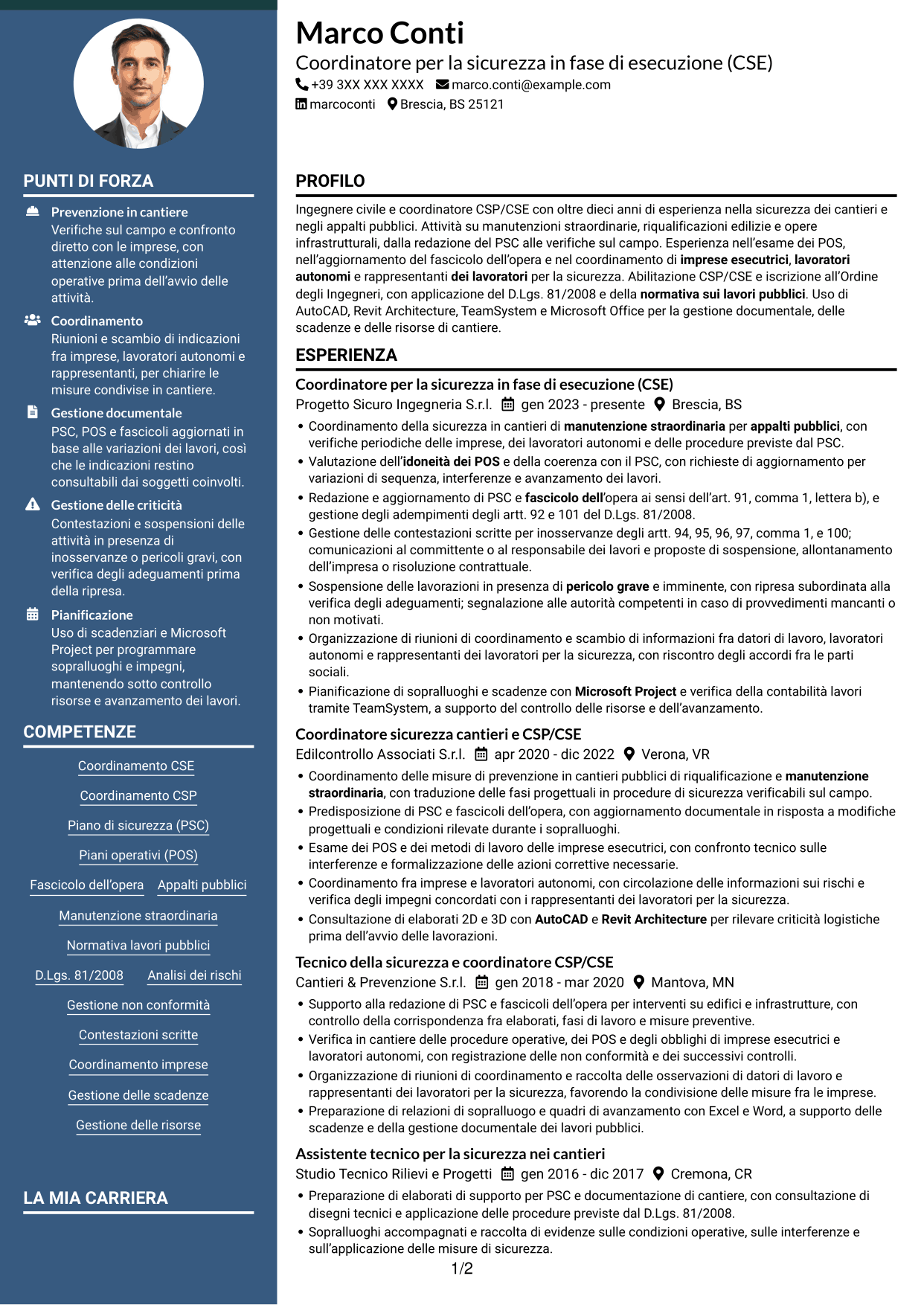 CV Elegante (formato con colonna laterale colorata e foto): Coordinatore per la sicurezza in fase di esecuzione (CSE) - Appalti pubblici, pagina 1