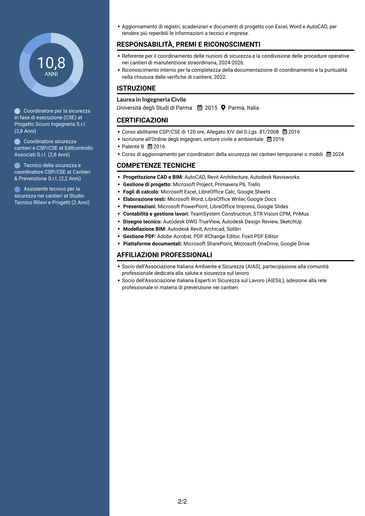 CV Elegante (formato con colonna laterale colorata e foto): Coordinatore per la sicurezza in fase di esecuzione (CSE) - Appalti pubblici, pagina 2