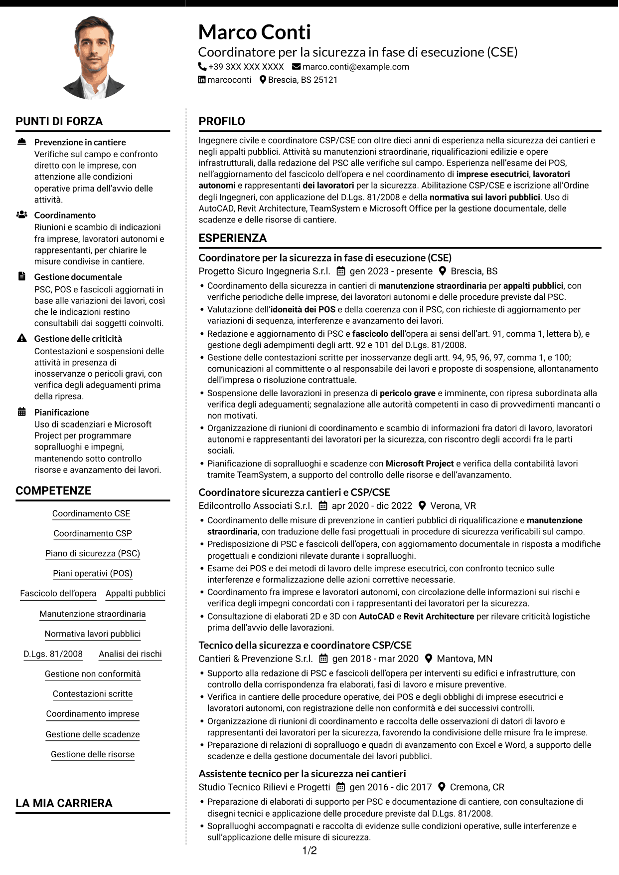 CV Moderno (formato a due colonne con foto a sinistra e separatore): Coordinatore per la sicurezza in fase di esecuzione (CSE) - Appalti pubblici, pagina 1
