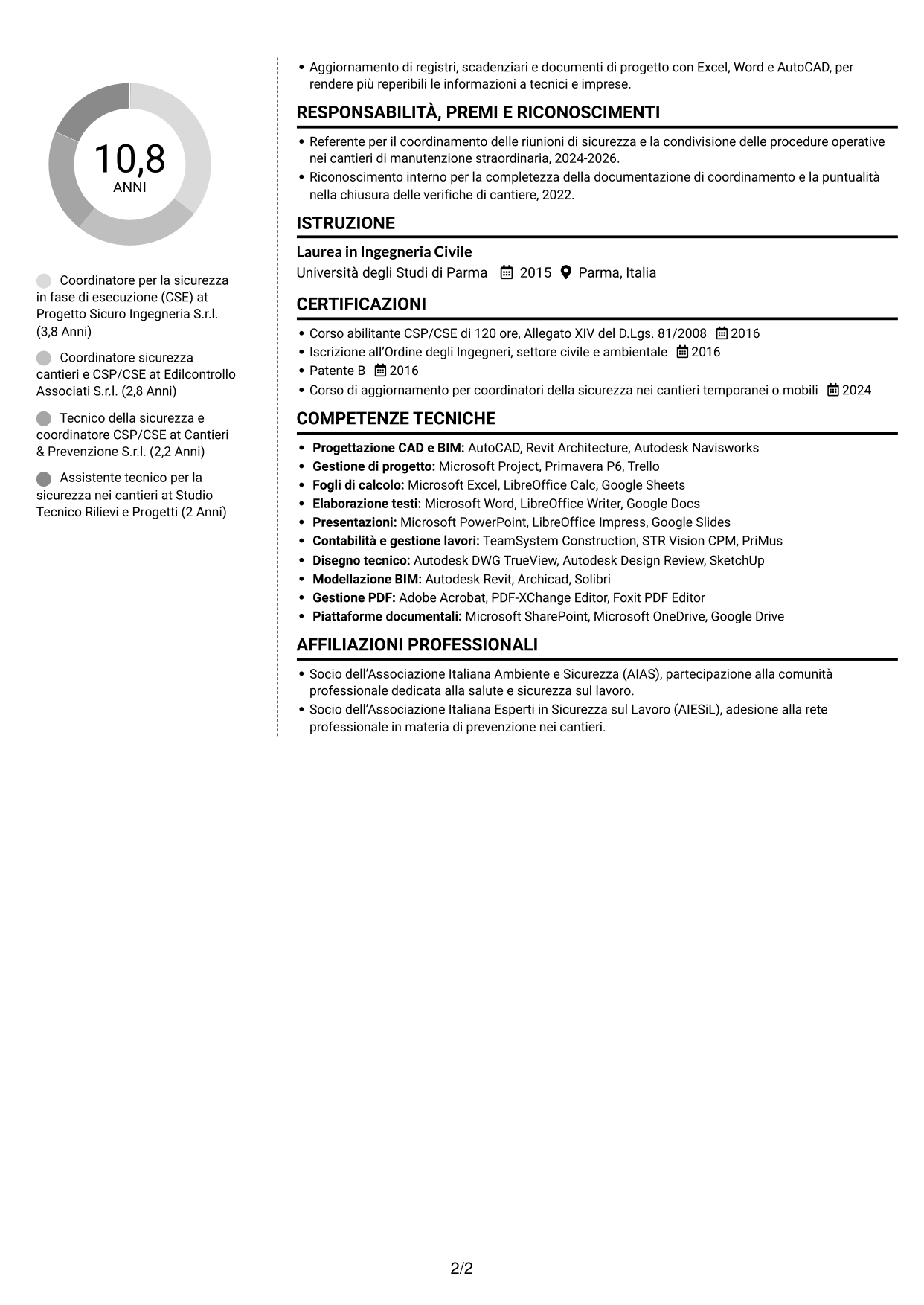 CV Moderno (formato a due colonne con foto a sinistra e separatore): Coordinatore per la sicurezza in fase di esecuzione (CSE) - Appalti pubblici, pagina 2