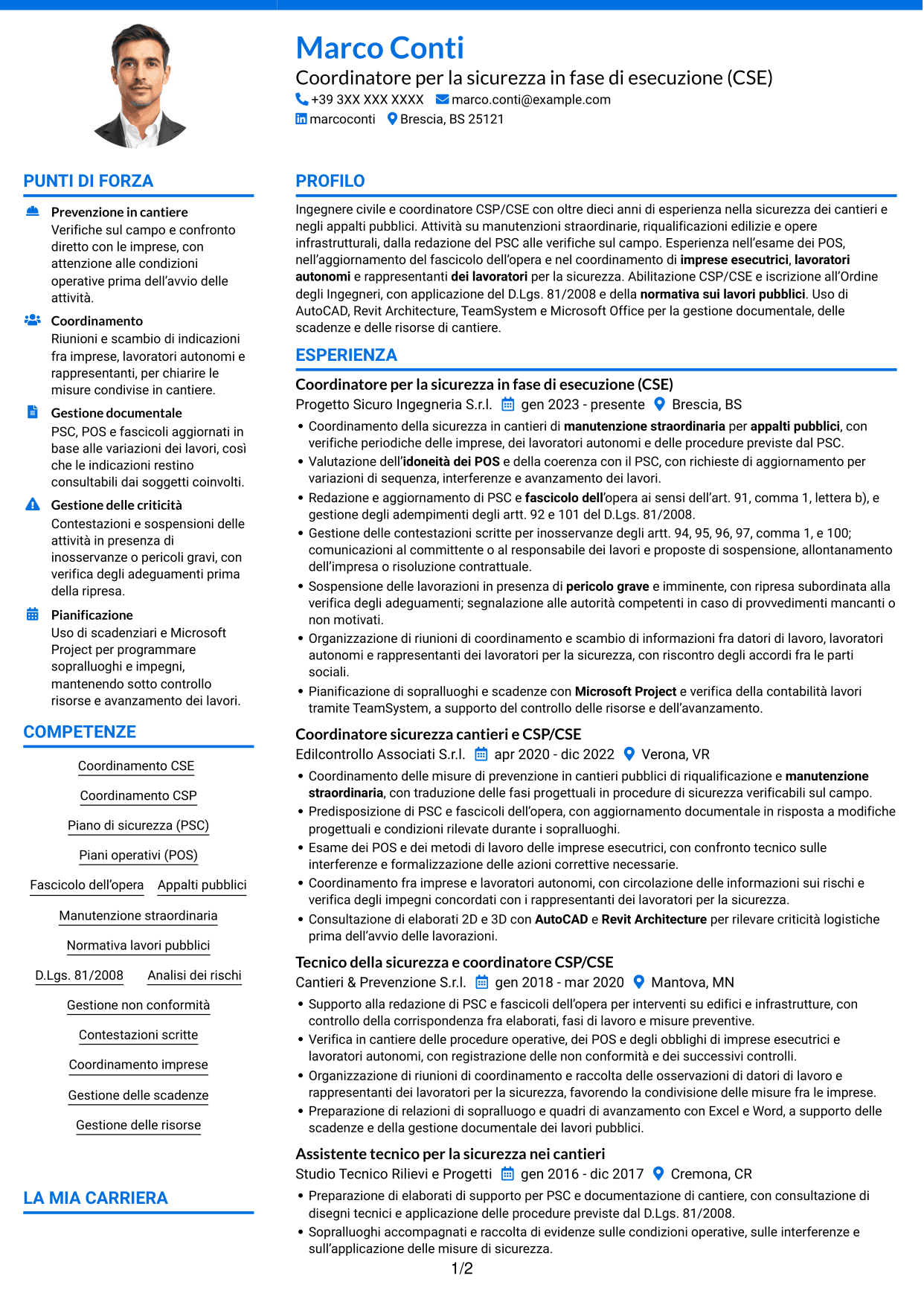 CV Audace (formato a due colonne con accenti colorati e foto): Coordinatore per la sicurezza in fase di esecuzione (CSE) - Appalti pubblici, pagina 1