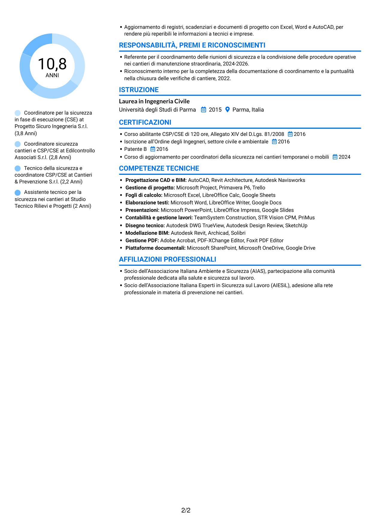 CV Audace (formato a due colonne con accenti colorati e foto): Coordinatore per la sicurezza in fase di esecuzione (CSE) - Appalti pubblici, pagina 2
