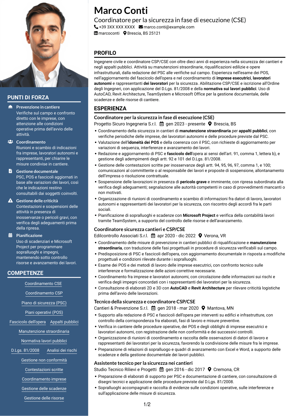 CV Signature (formato con colonna laterale colorata e foto grande): Coordinatore per la sicurezza in fase di esecuzione (CSE) - Appalti pubblici, pagina 1