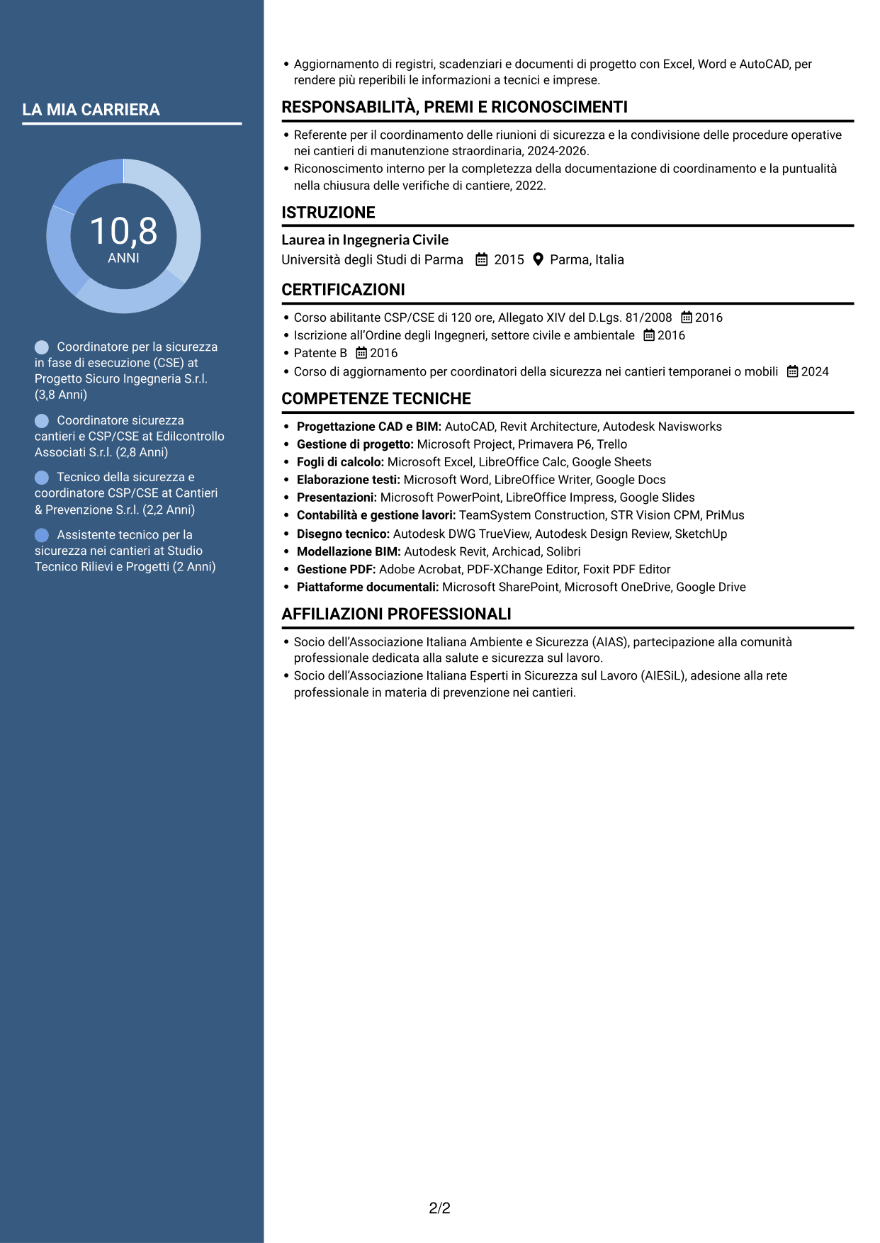 CV Signature (formato con colonna laterale colorata e foto grande): Coordinatore per la sicurezza in fase di esecuzione (CSE) - Appalti pubblici, pagina 2