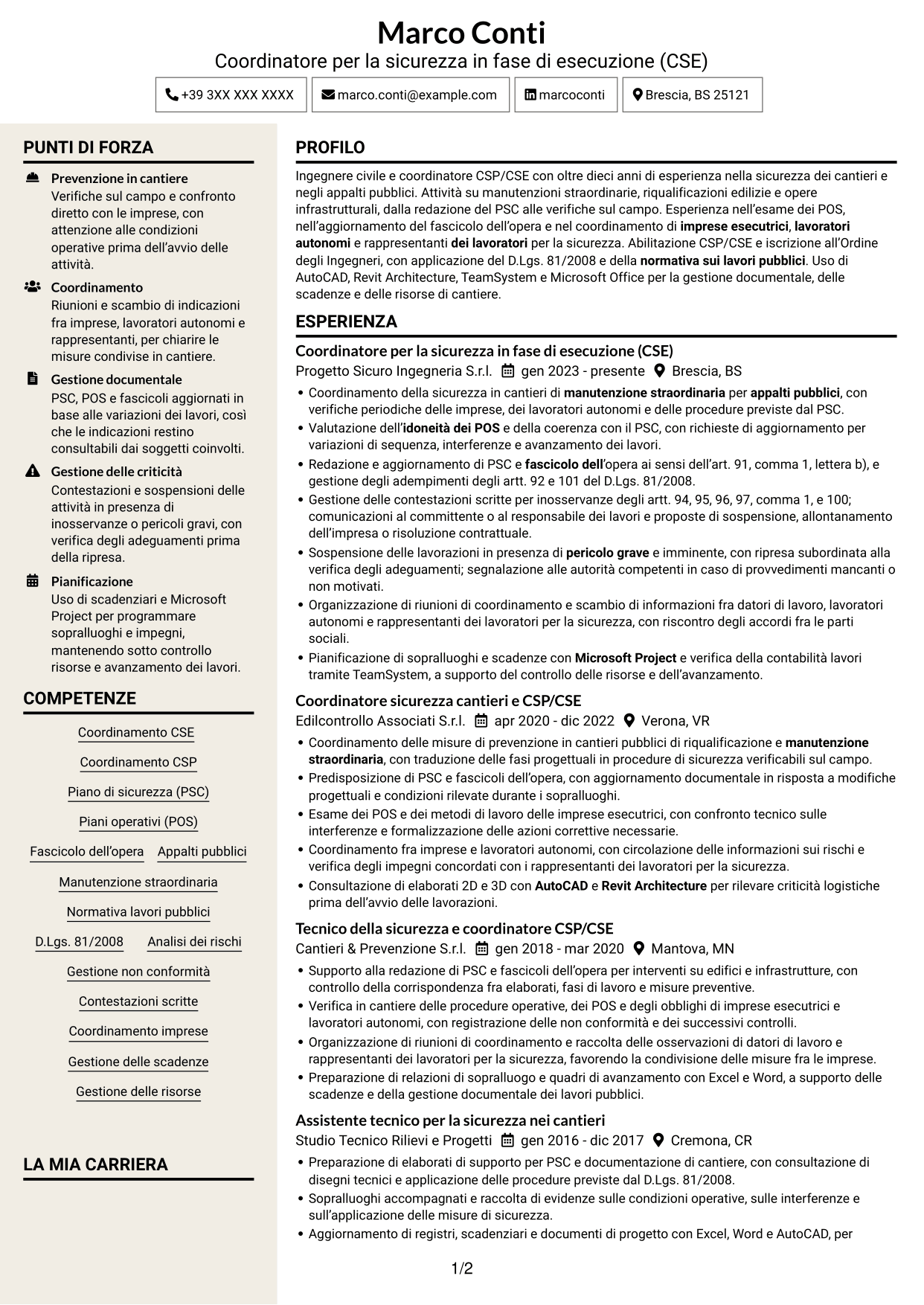 CV Intraprendente (formato a due colonne con intestazione centrata senza foto): Coordinatore per la sicurezza in fase di esecuzione (CSE) - Appalti pubblici, pagina 1