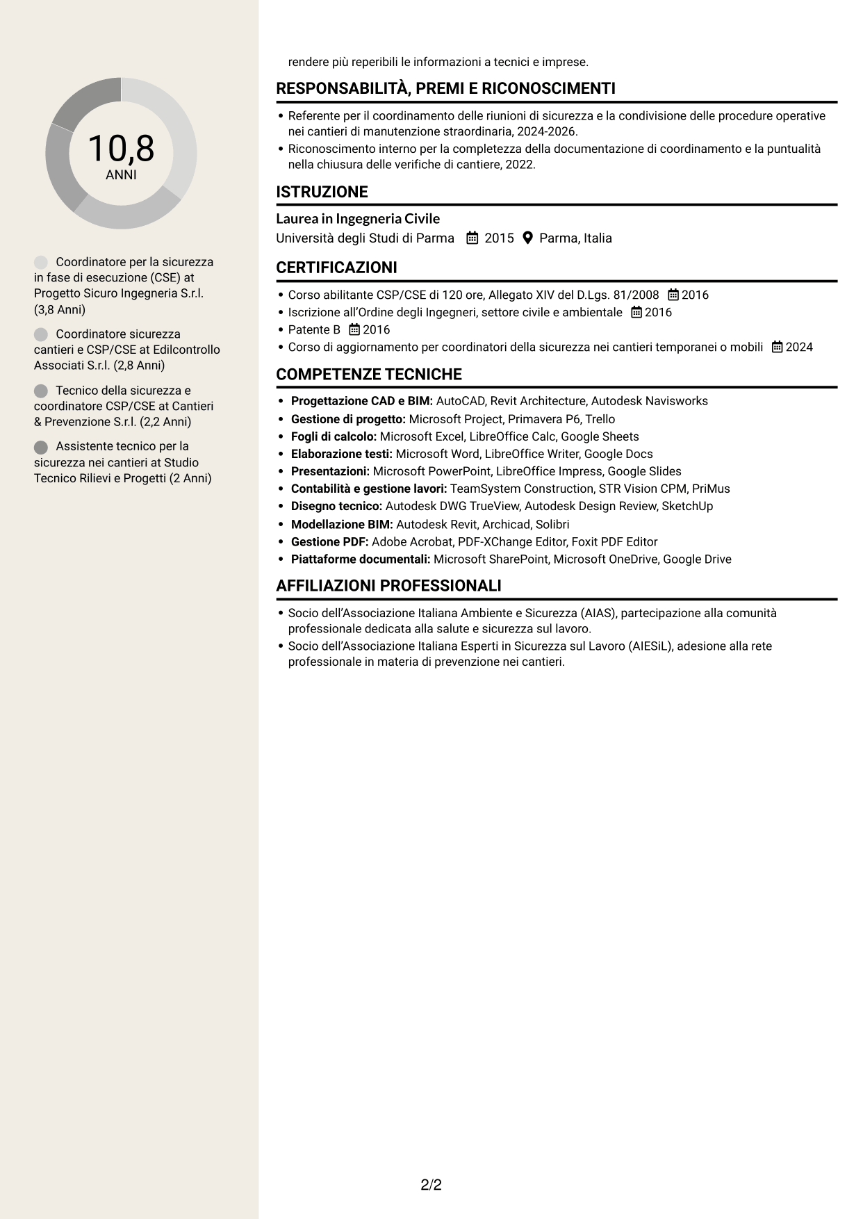 CV Intraprendente (formato a due colonne con intestazione centrata senza foto): Coordinatore per la sicurezza in fase di esecuzione (CSE) - Appalti pubblici, pagina 2