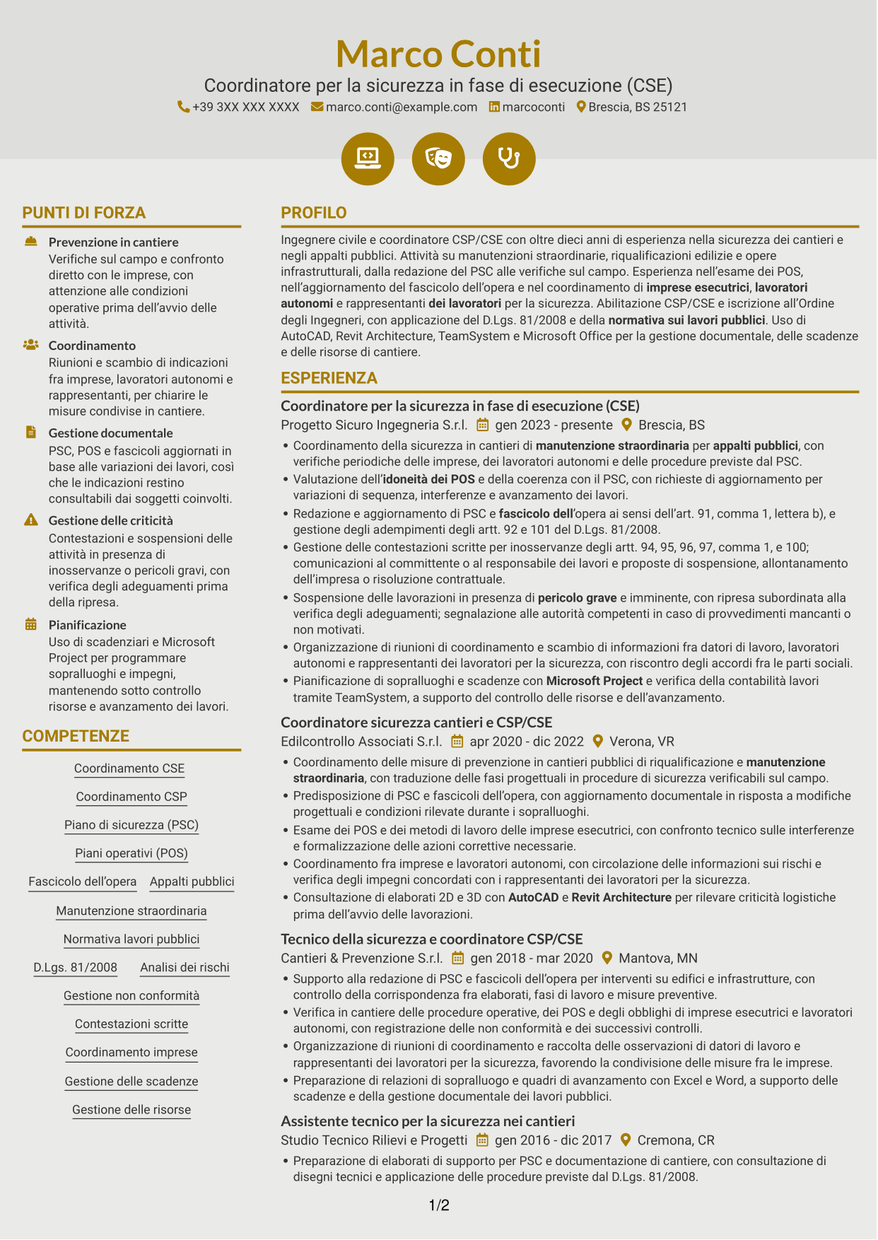 CV Dinamico (formato a due colonne con icone): Coordinatore per la sicurezza in fase di esecuzione (CSE) - Appalti pubblici, pagina 1