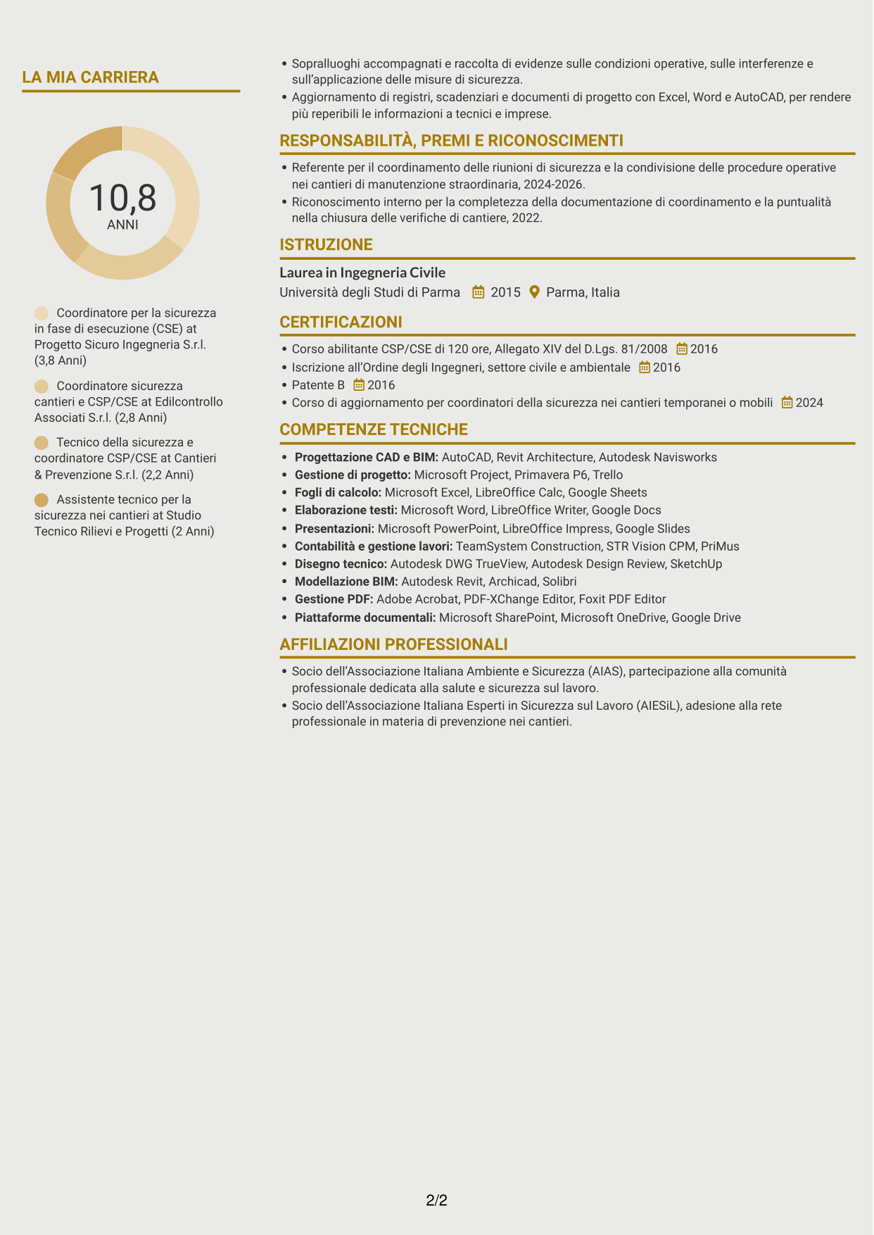 CV Dinamico (formato a due colonne con icone): Coordinatore per la sicurezza in fase di esecuzione (CSE) - Appalti pubblici, pagina 2