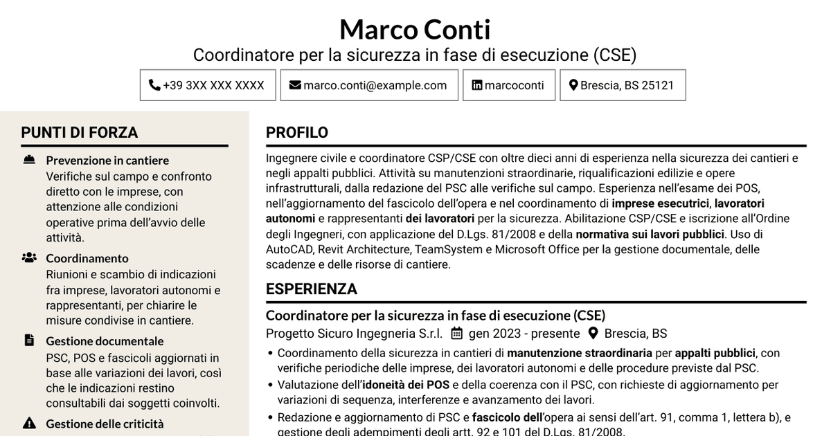 7 modelli di CV per Coordinatore per la sicurezza in fase di esecuzione (CSE) - Appalti pubblici, con esempi