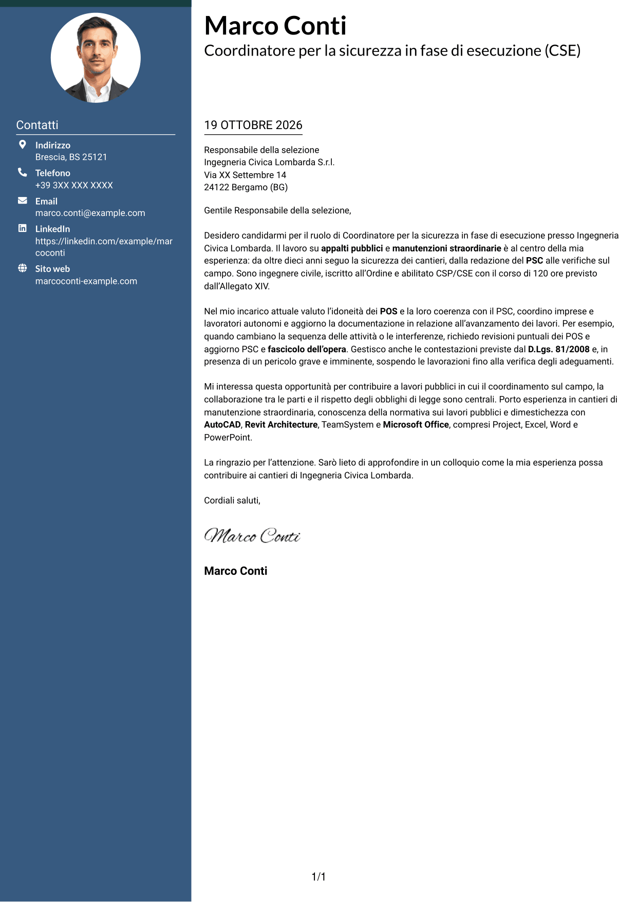 Lettera di presentazione Elegante (formato con colonna laterale colorata e foto): Coordinatore per la sicurezza in fase di esecuzione (CSE) - Appalti pubblici, pagina 1